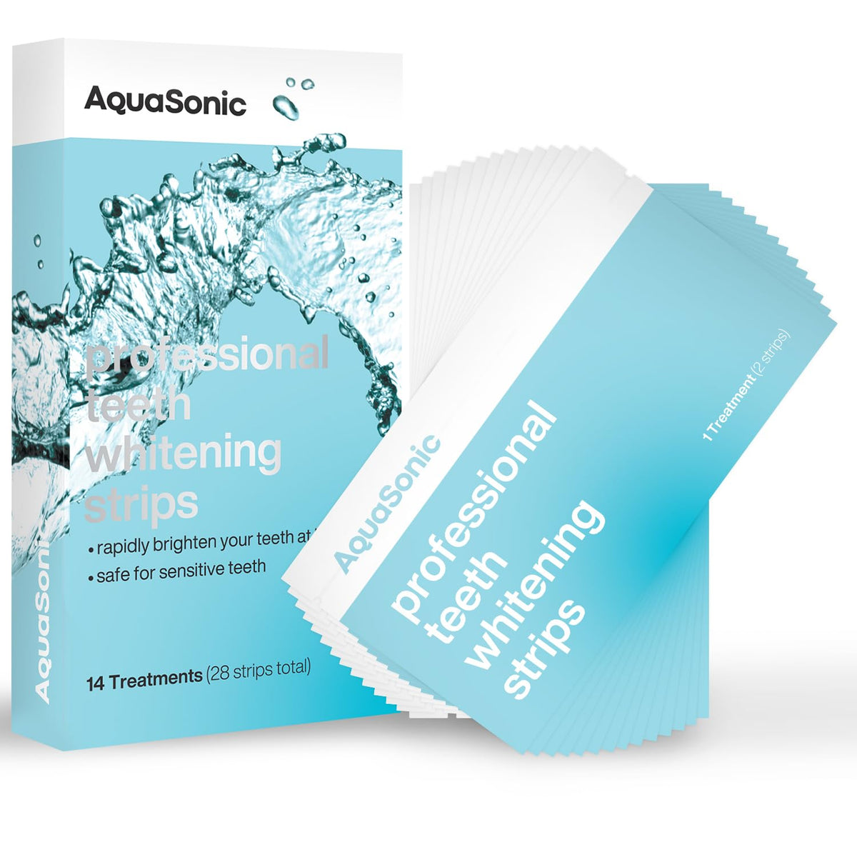 Aquasonic coffret bandes-blanchiment-dents promet un sourire plus clair après utilisation.