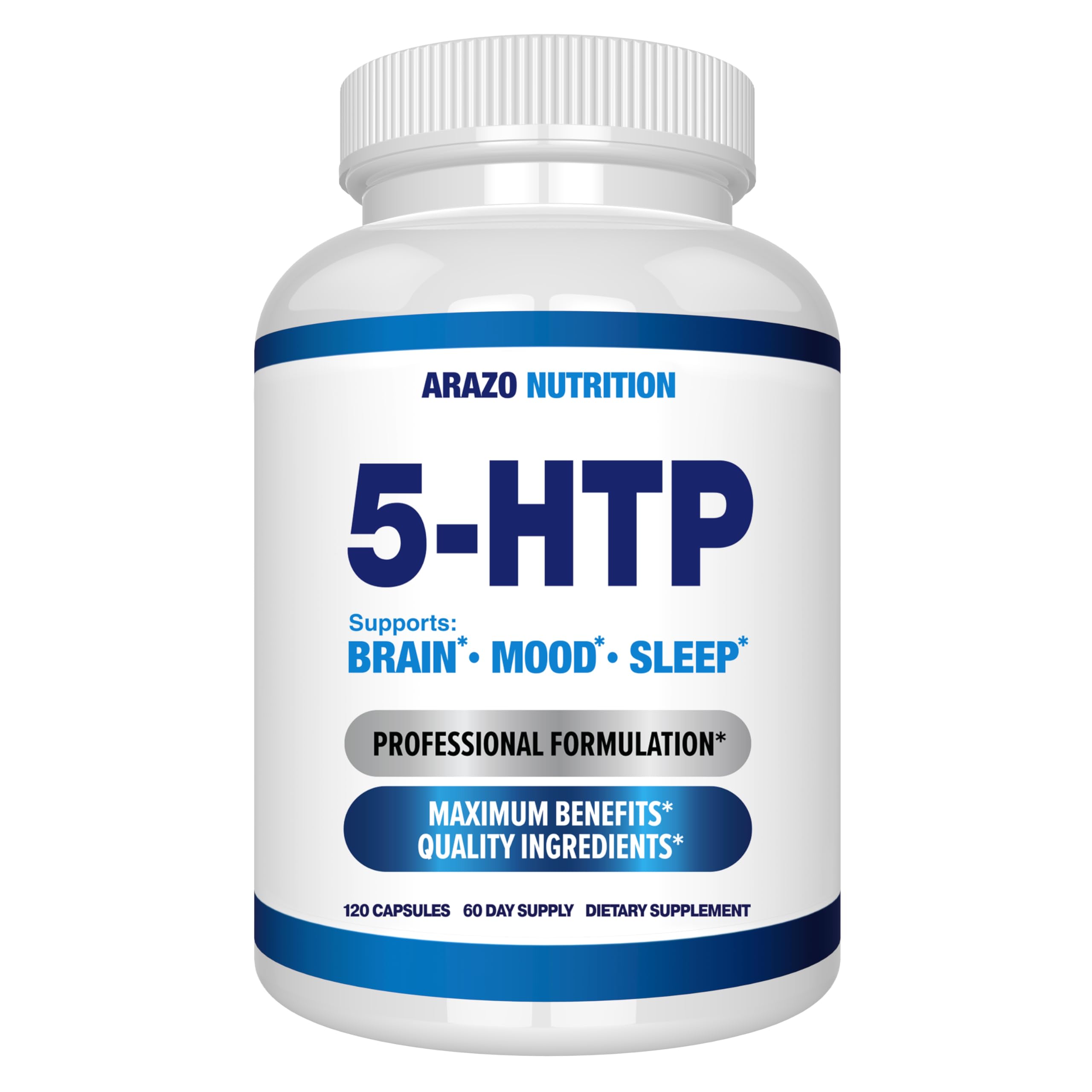 Arazo Nutrition 5-HTP en bouteille avec capsules faciles à avaler pour le bien-être.