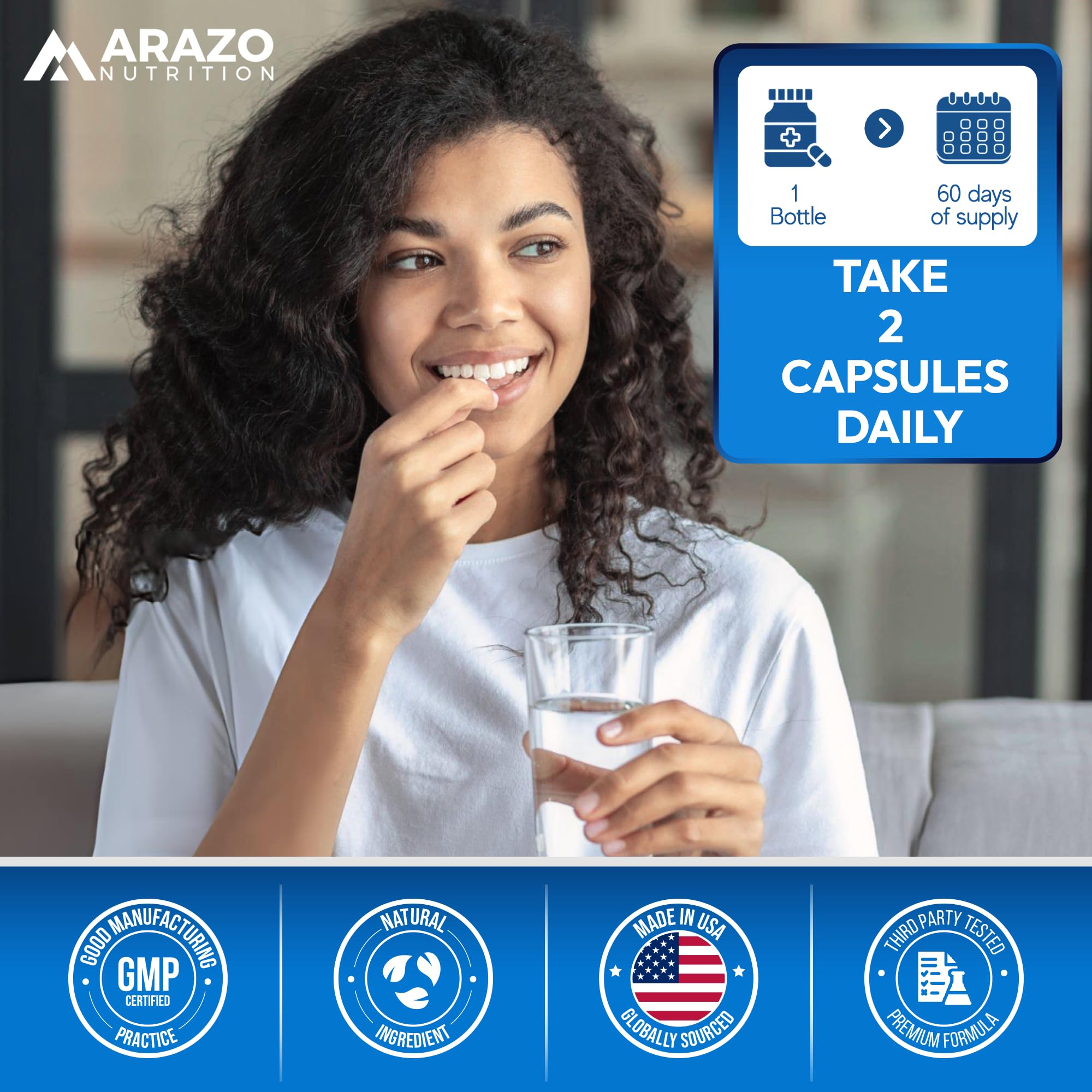Image d'emballage cartonné Arazo Nutrition, informations produit et sécurité.
