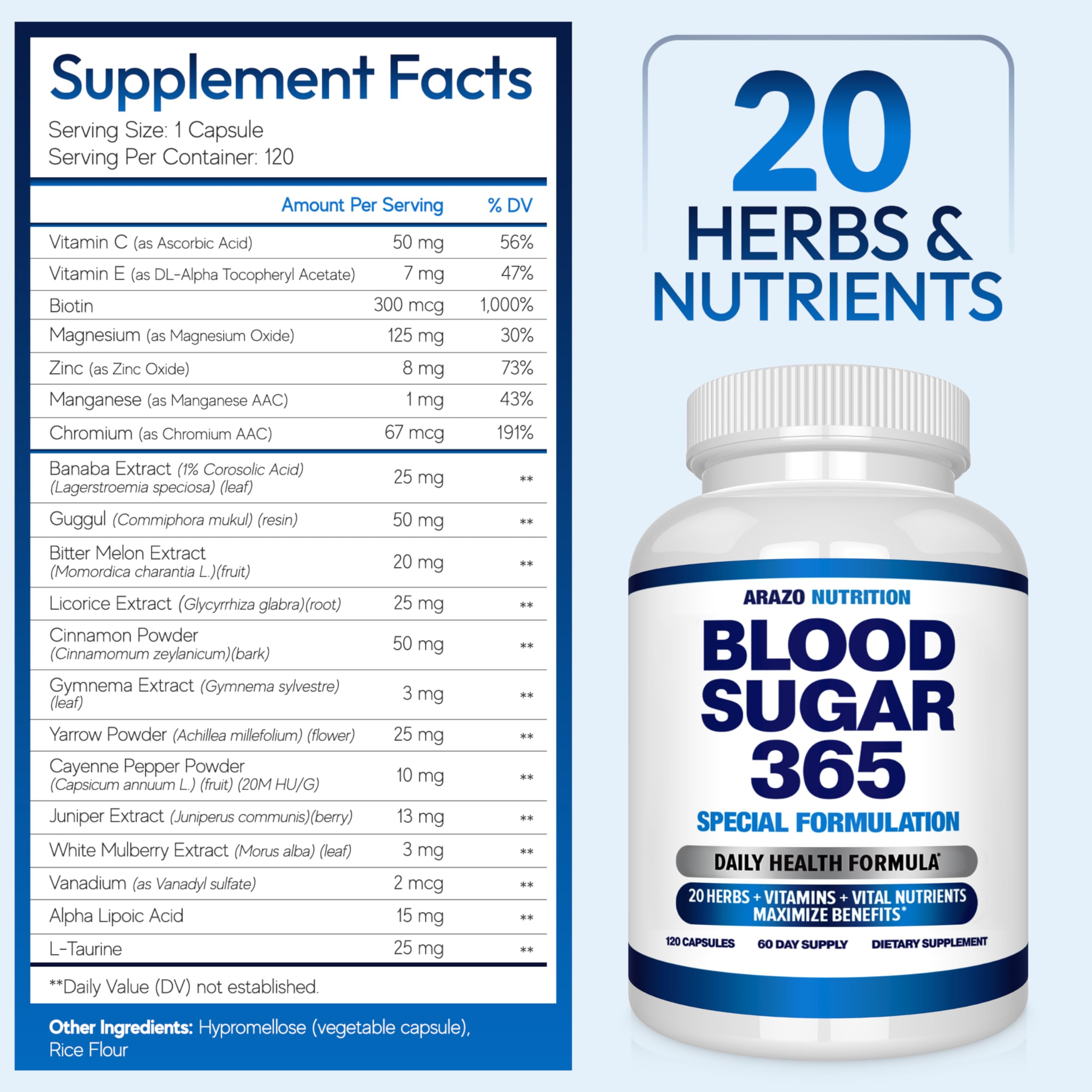 Arazo Nutrition sucre-sang 365 : Gélules végétariennes, idéal pour soutenir l'énergie au quotidien.