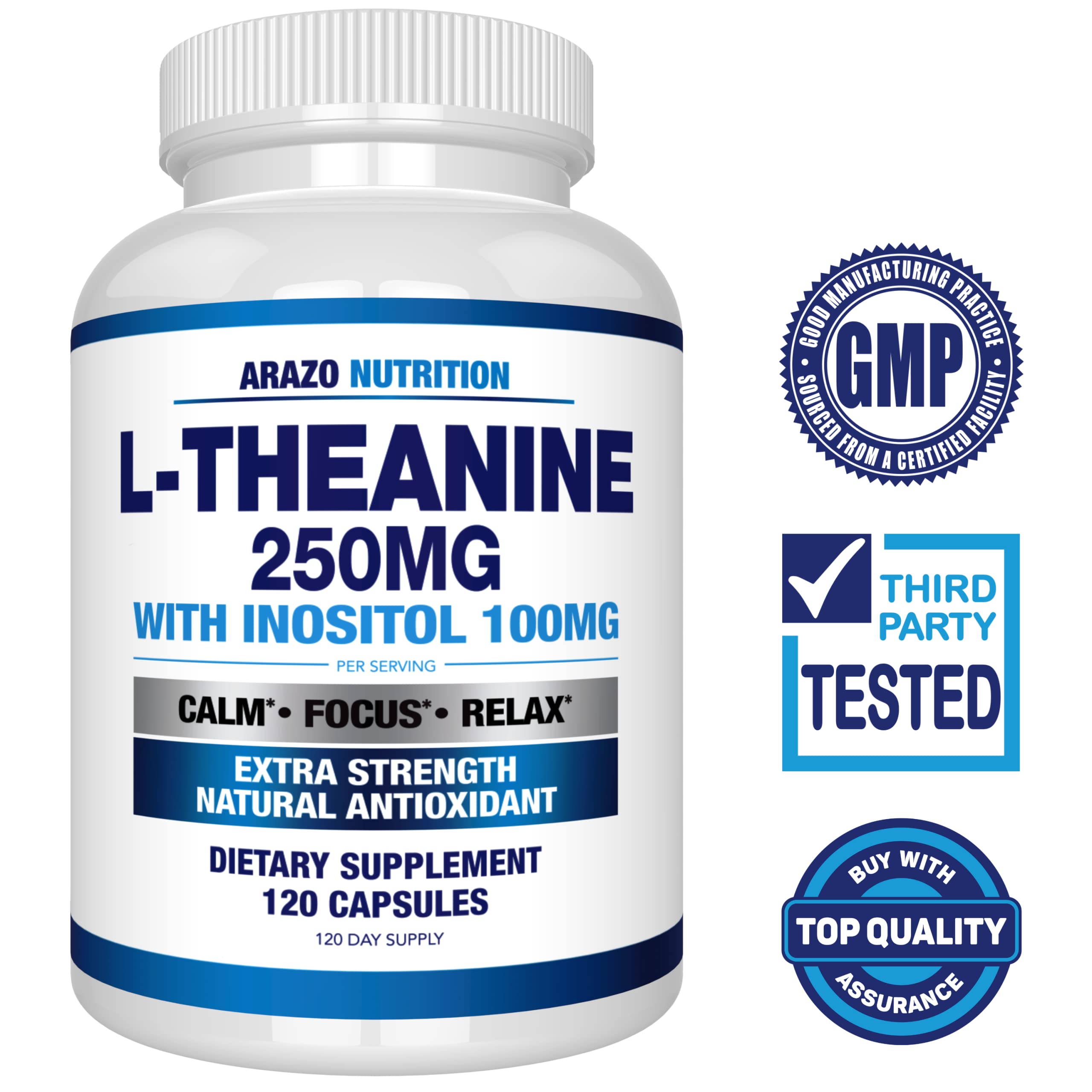Arazo Nutrition L-Theanine 250mg – capsules, format pratique pour la vigilance durable.
