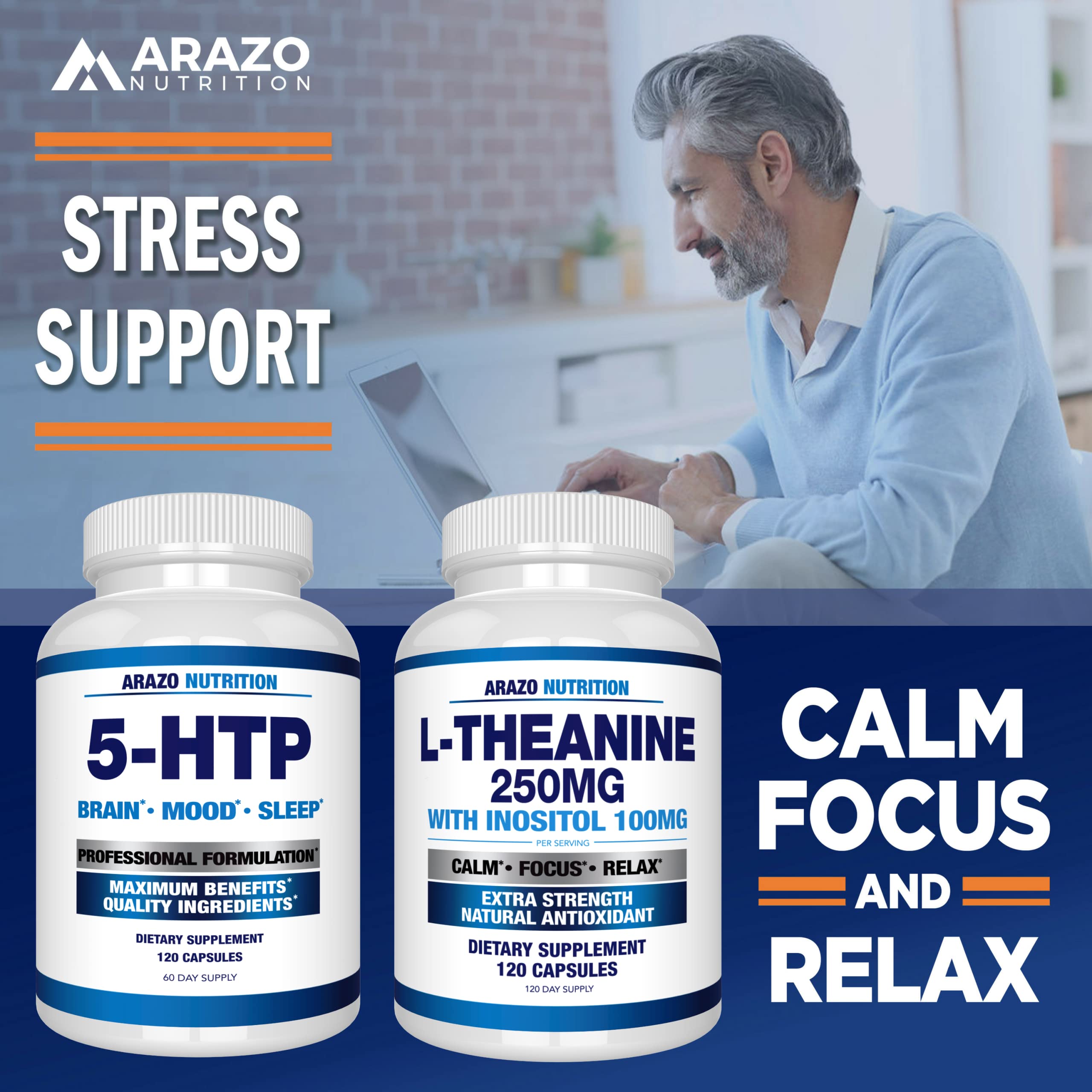 Arazo Nutrition L-Theanine 250mg – emballage clair, guide d’utilisation utile.