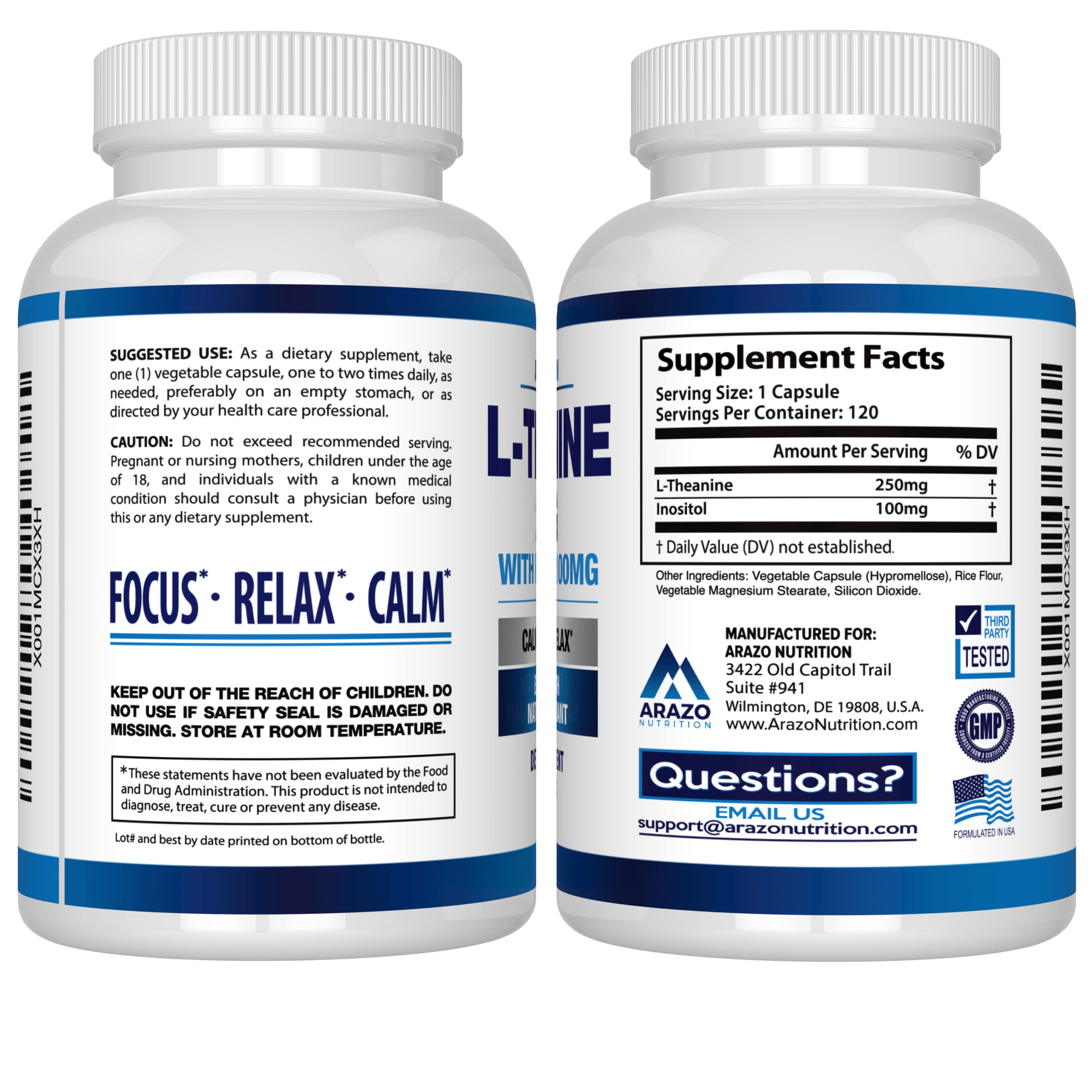Arazo Nutrition L-Theanine 250mg – etiquette-bouteille, informations claires et transparentes.