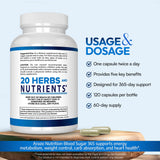 Arazo Nutrition sucre-sang 365 : Posologie recommandée avec une capsule deux fois par jour.