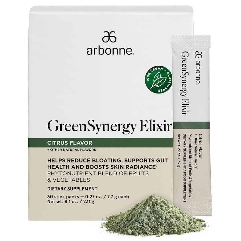 Arbonne GreenSynergy Elixir, boîte et sachets citron, pratique pour démarrer la journée.
