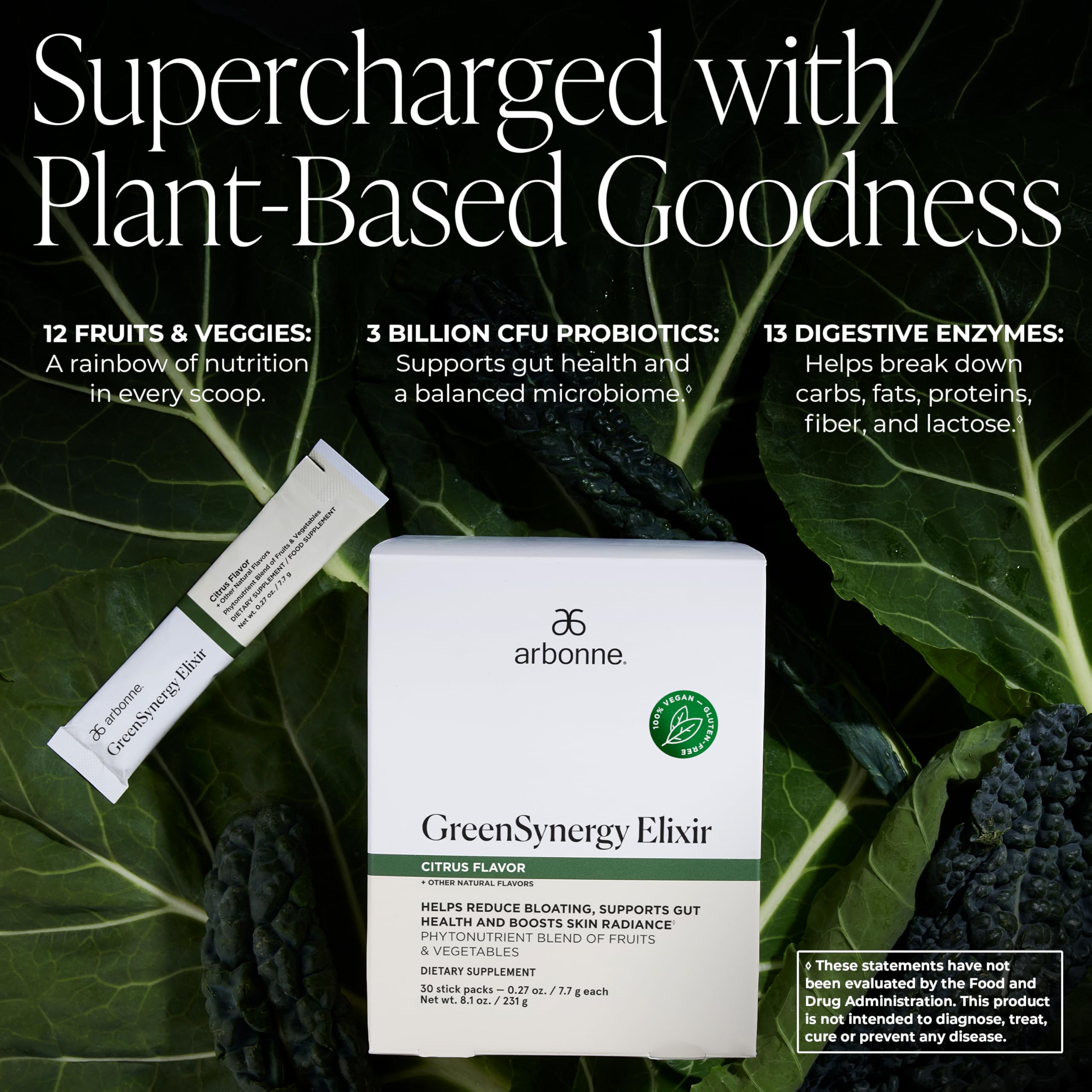 Poudre verte Arbonne GreenSynergy Elixir prête à se mélanger, énergie naturelle.