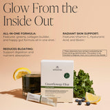 Arbonne GreenSynergy Elixir dans un verre d'eau citronnée, soutien digestif pratique.