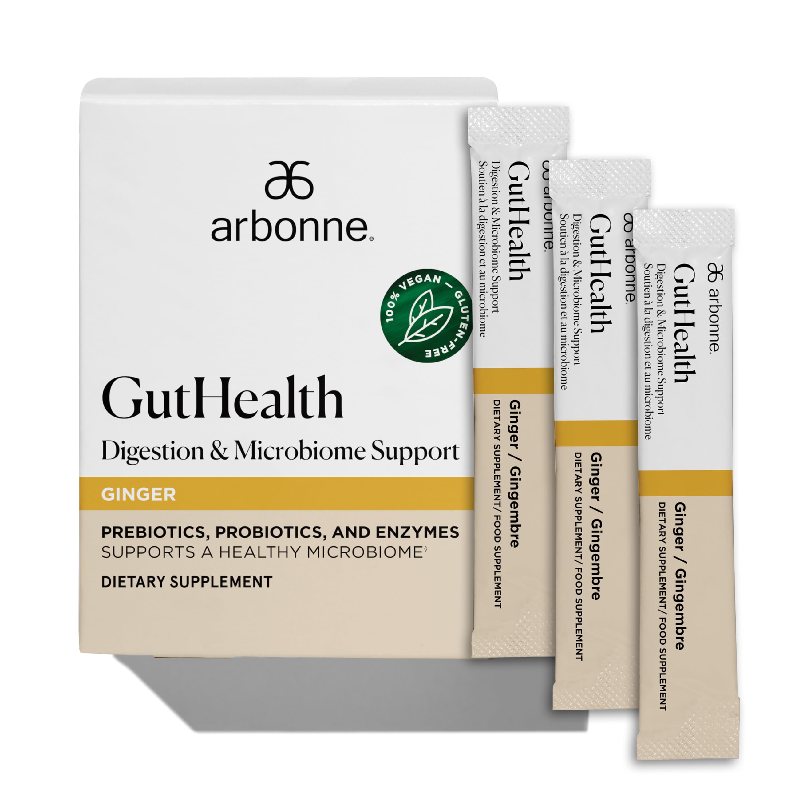 Arbonne GutHealth dans l’emballage bouteille, invitant à intégrer le produit dans la routine quotidienne.
