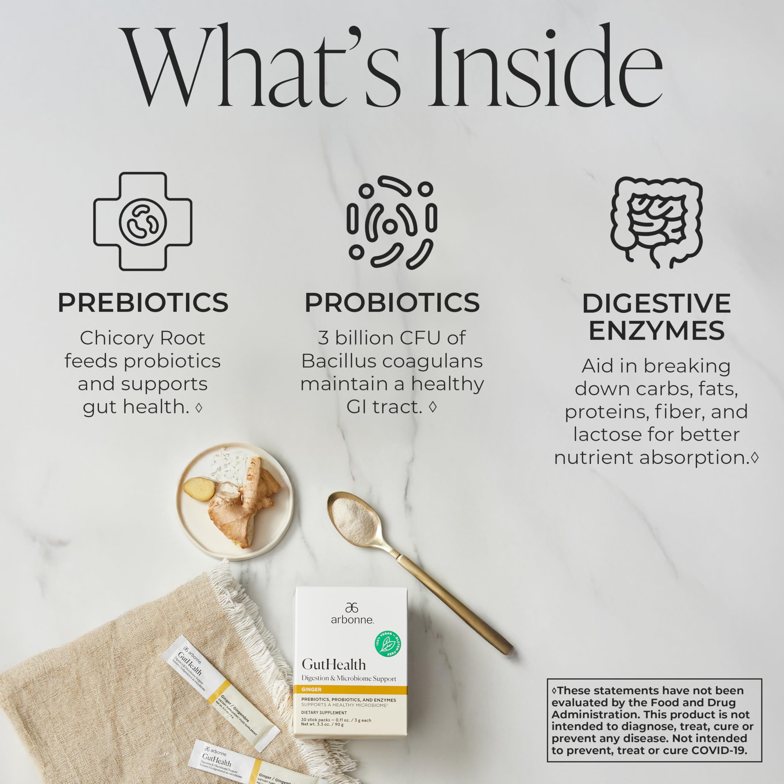 Poudre Arbonne GutHealth se dissolvant rapidement dans l’eau froide.
