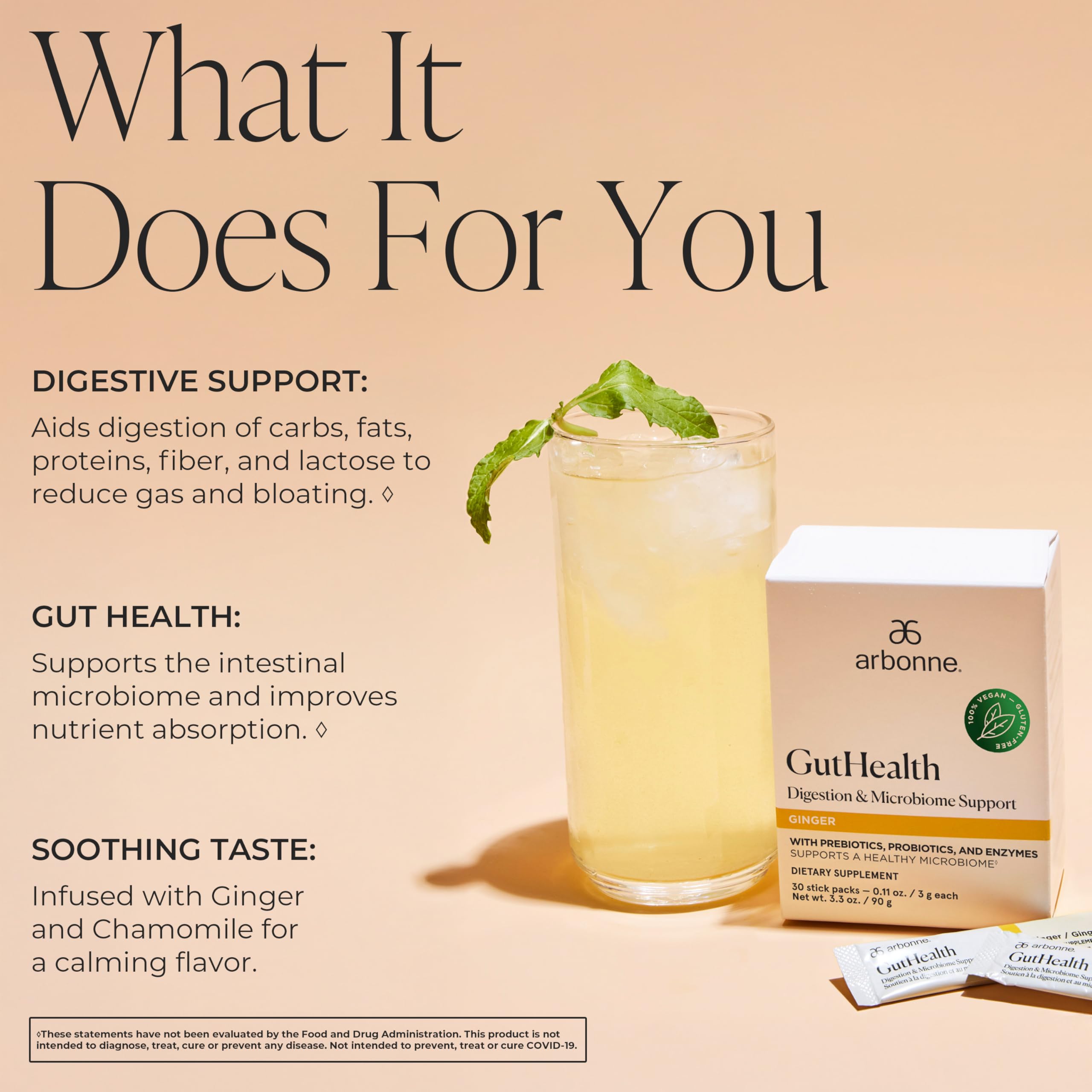 Arbonne GutHealth avec sachet doseur, pratique et facile à mesurer.