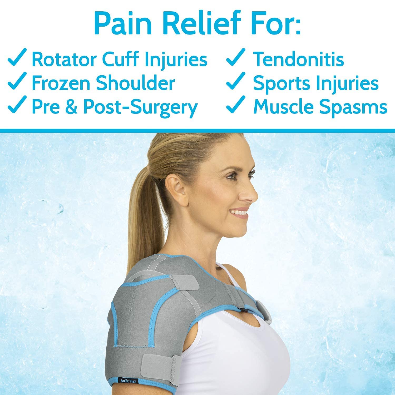 Arctic Flex pack gel froid flexible épouse l’épaule pour un contact doux.