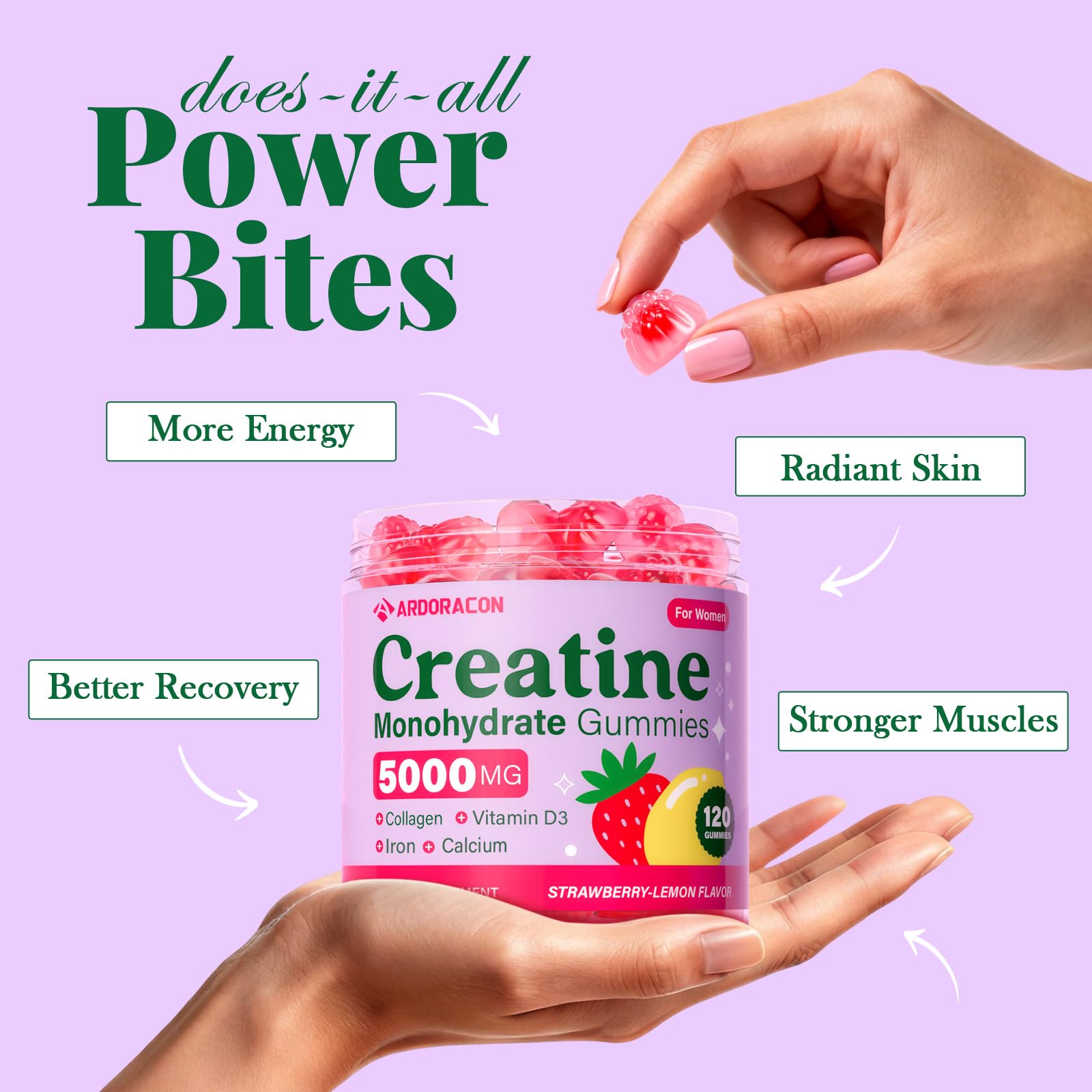 Prise quotidienne ARDORACON Creatine pour femmes, pratique et facile à intégrer.
