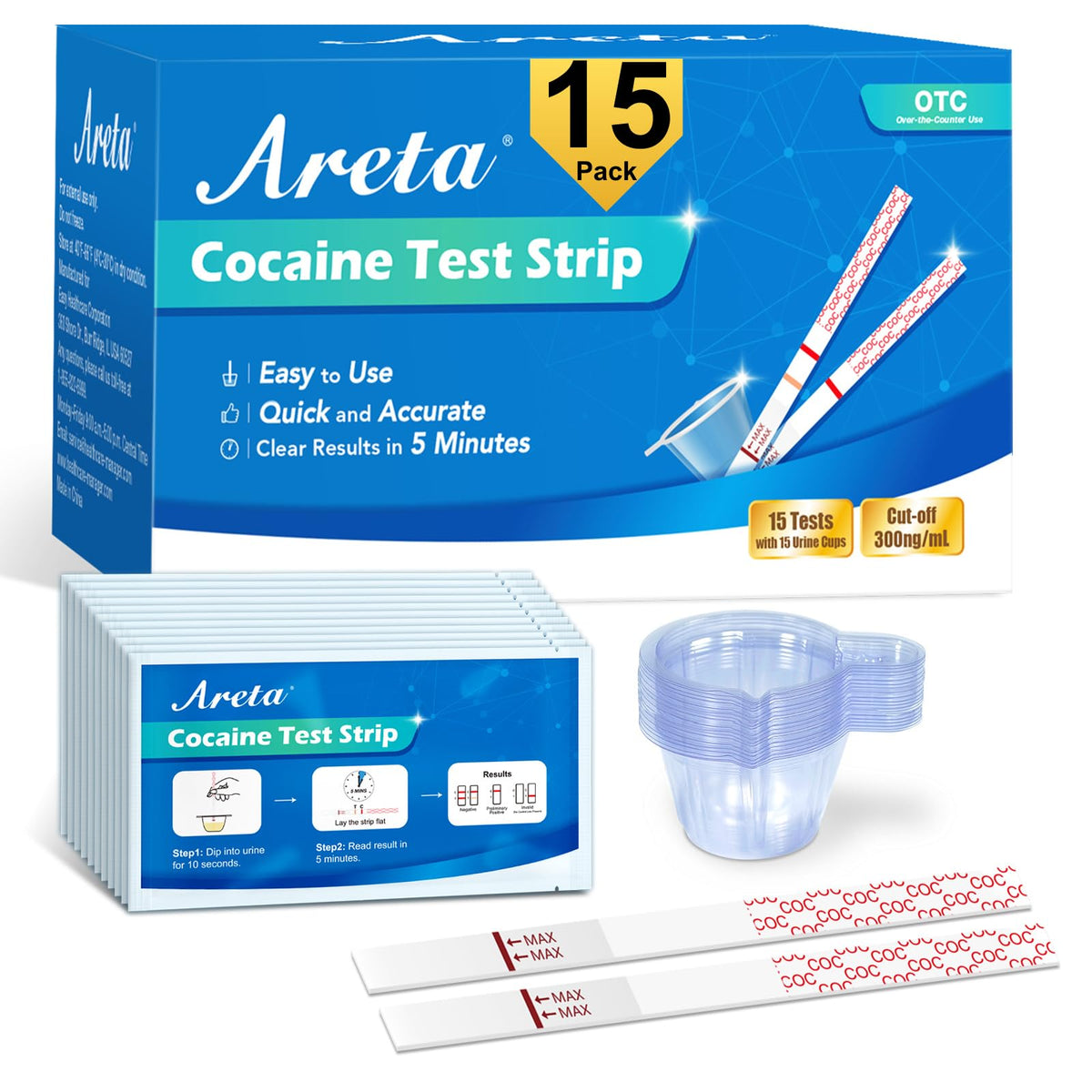 Areta Cocaïne Test Strip – emballage aluminium, dépistage rapide à domicile et confidentialité.