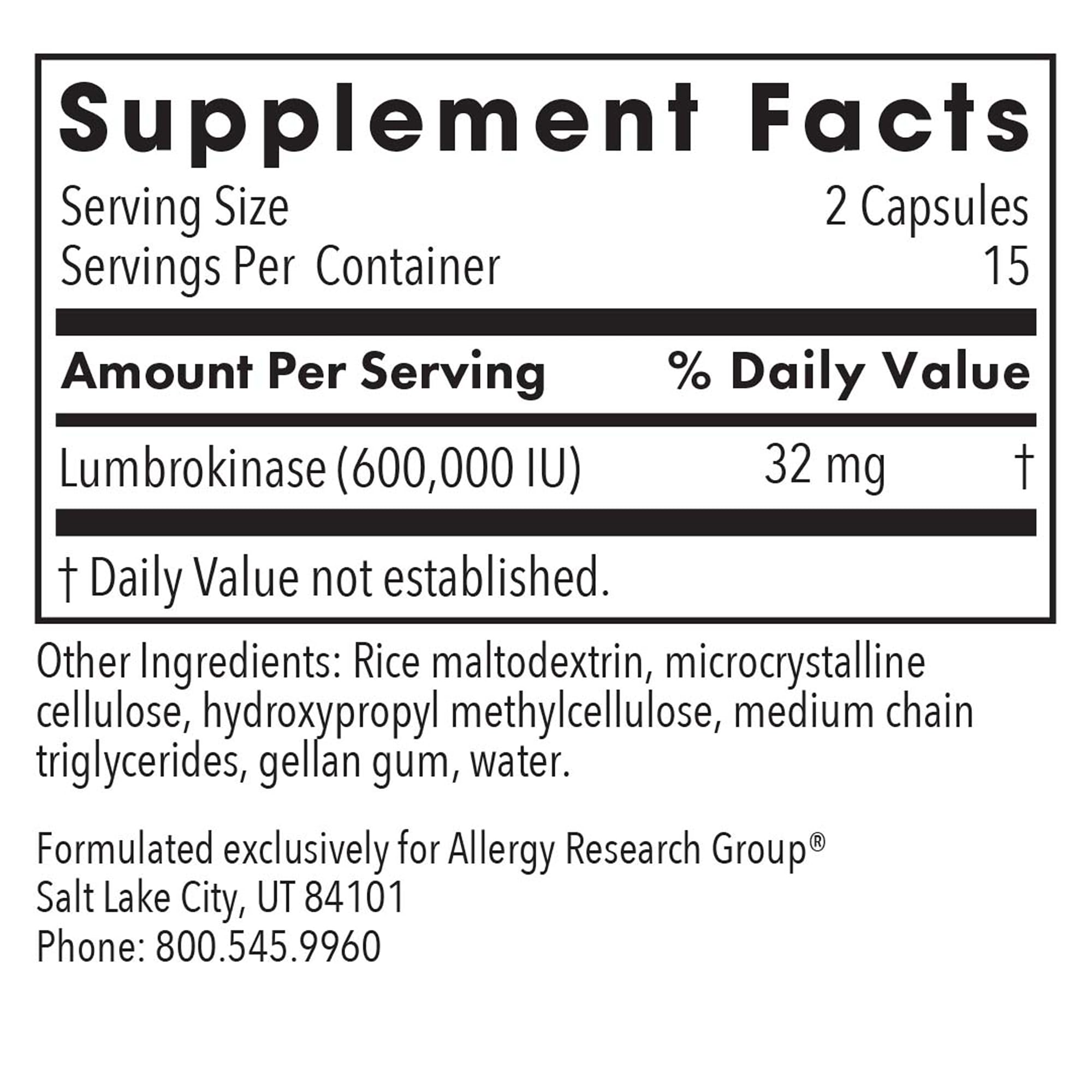 ARG Lumbrokinase – étiquette lisible, informations claires sur la formulation.