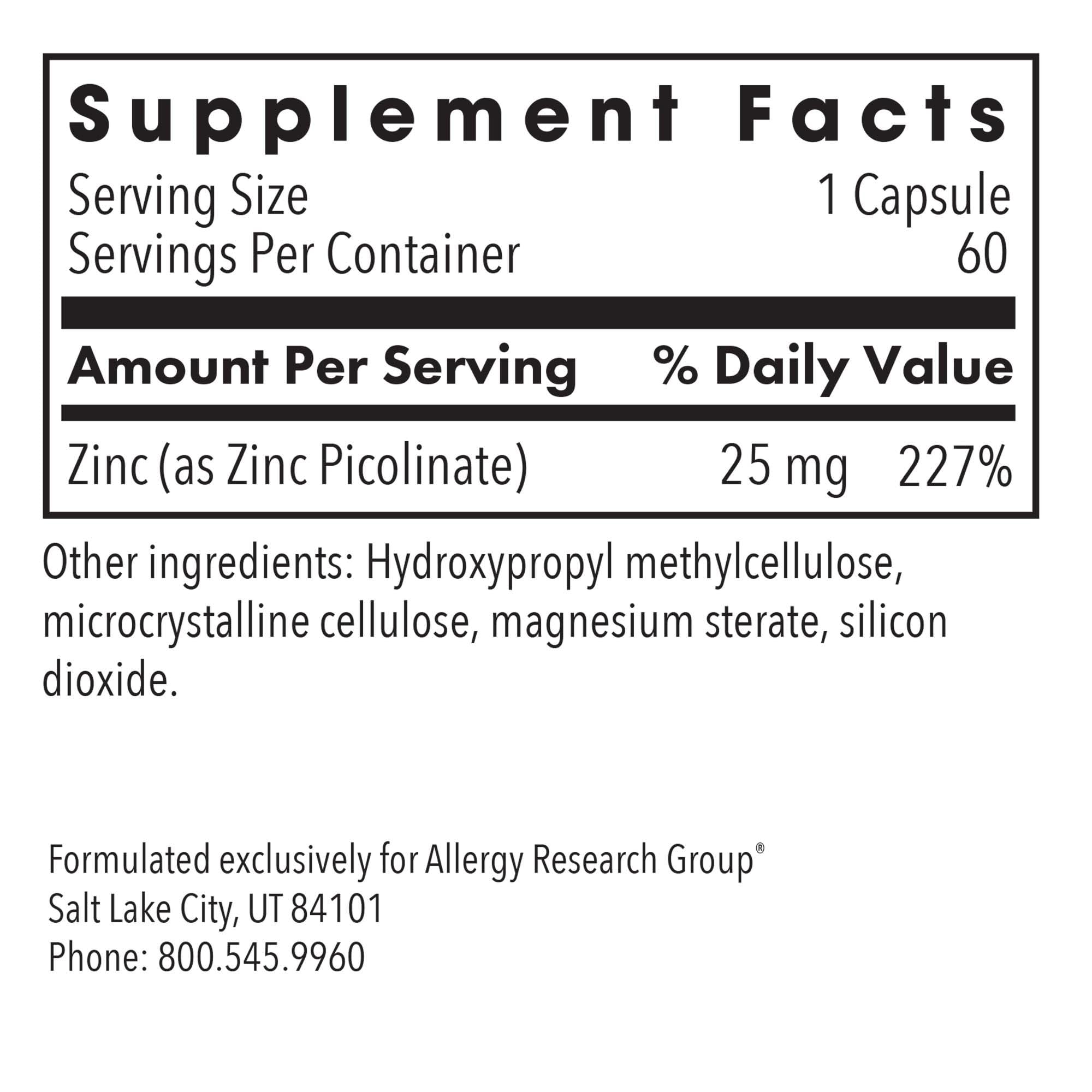 ARG Zinc Picolinate – Bouteille et gélules 25 mg, absorption potentielle.