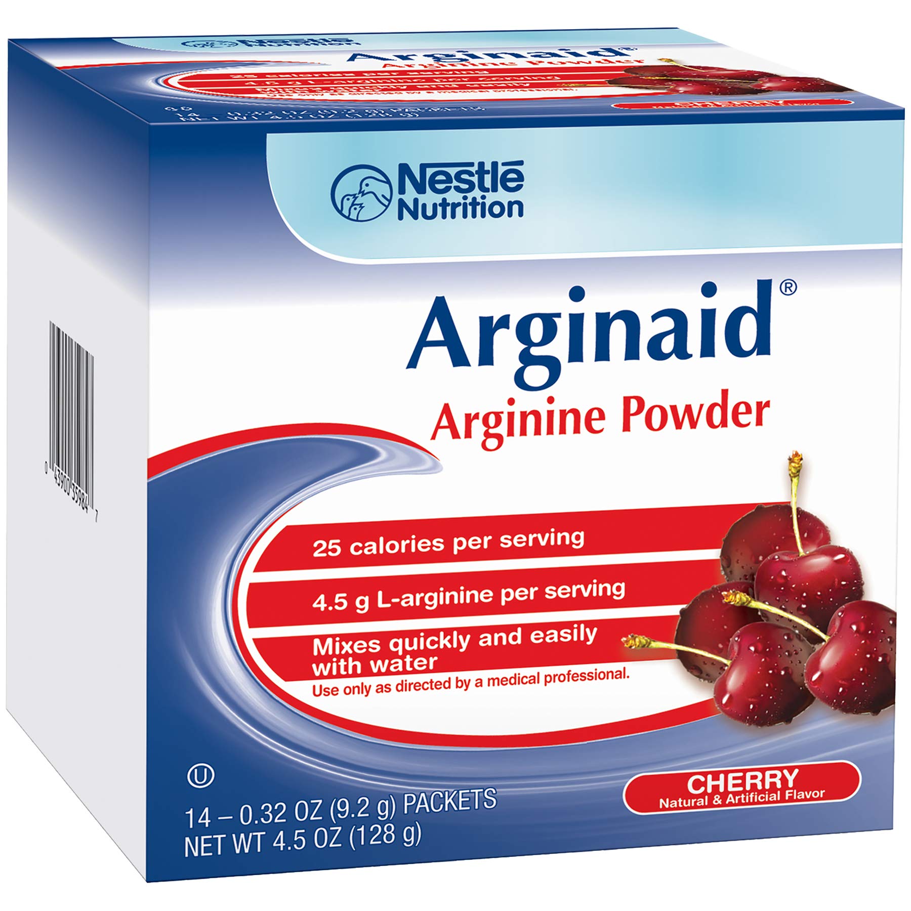 Arginaid Arginine, poudre cerise se dissolvant facilement dans l'eau pour une boisson nutritionnelle.