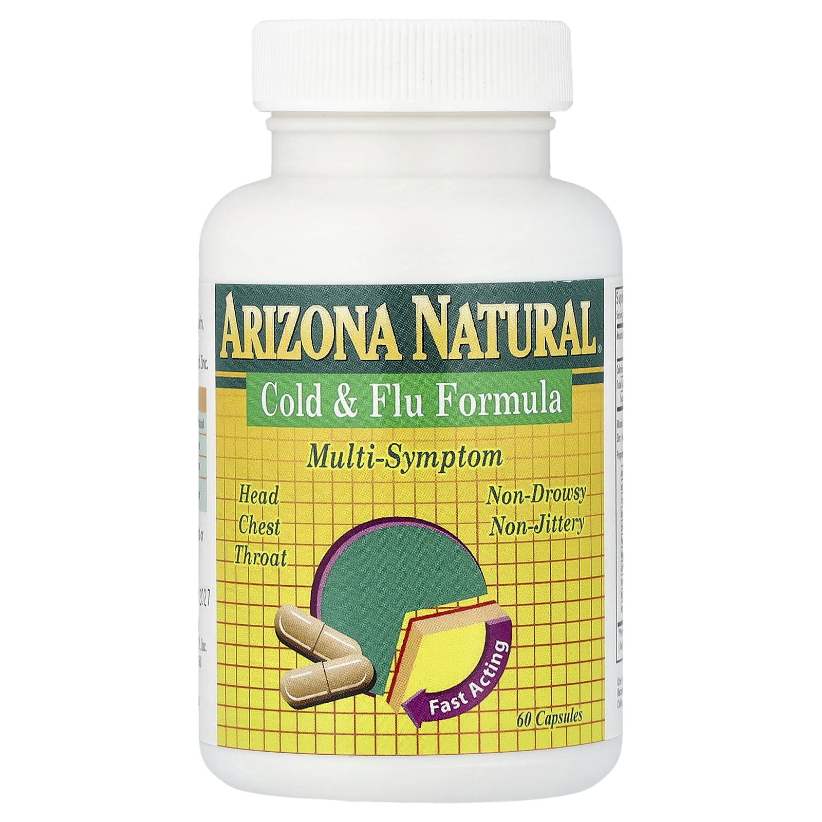 Arizona Natural Formule Rhume et Grippe — bouteille de gélules sans aspirine ni antihistaminiques