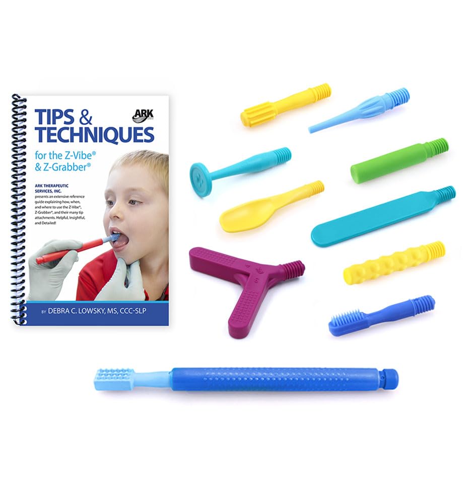 ARK Therapeutic Z-Vibe avec embouts variés et guide d’exercices, stimulation sensorielle buccale et éveil de la motricité.