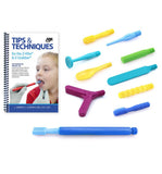 ARK Therapeutic Z-Vibe avec embouts variés et guide d’exercices, stimulation sensorielle buccale et éveil de la motricité.