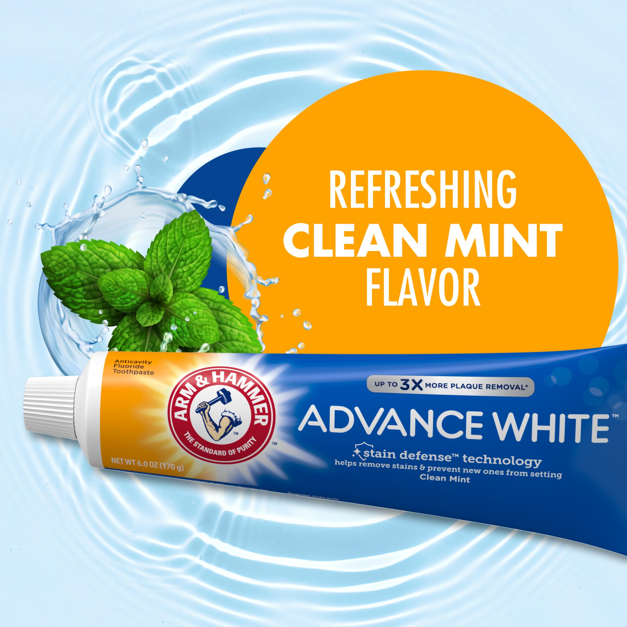 Technologie défense des taches Arm & Hammer Advance White montrant les taches avant/après.