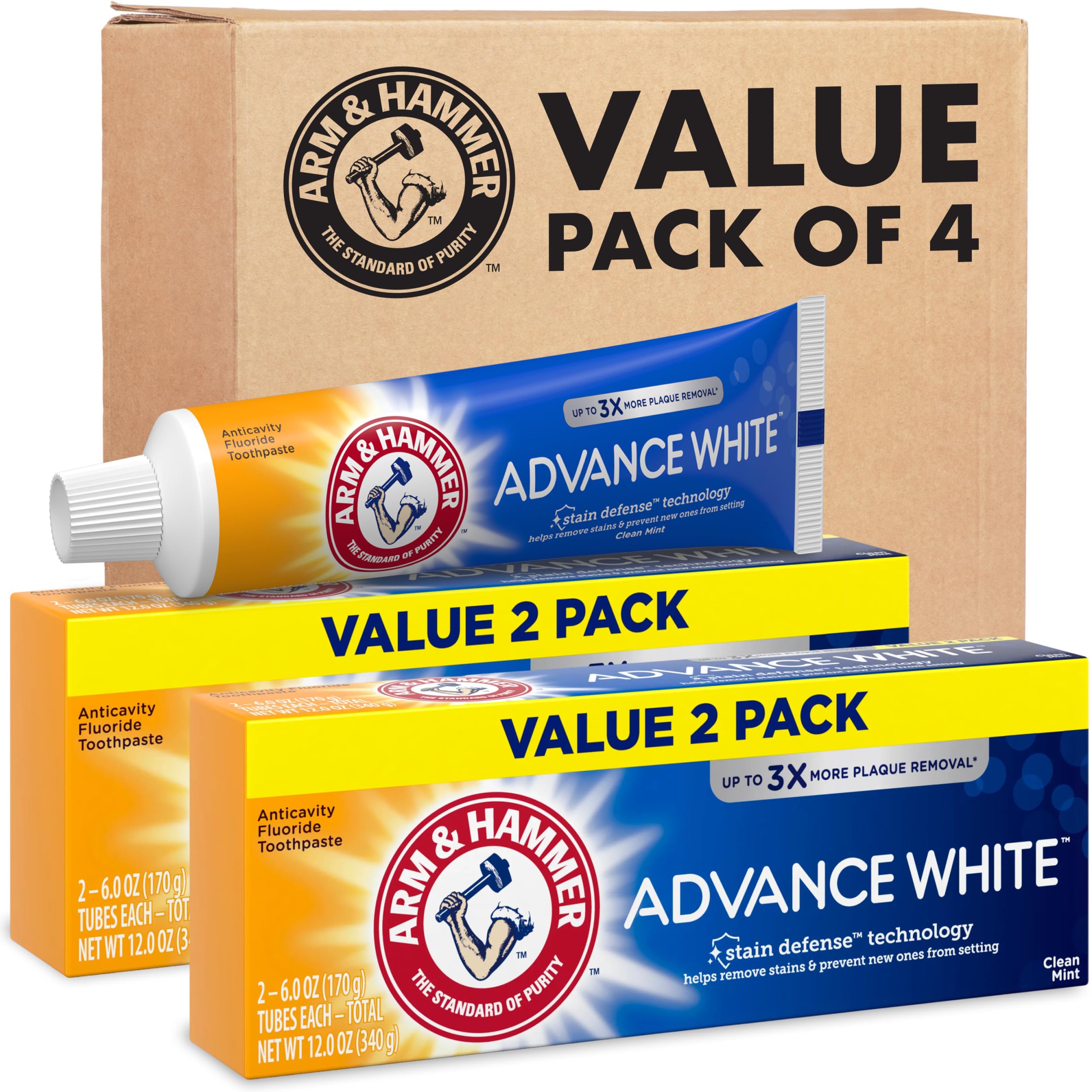 Arm & Hammer Advance White en emballage 4-pack, pratique et économique.