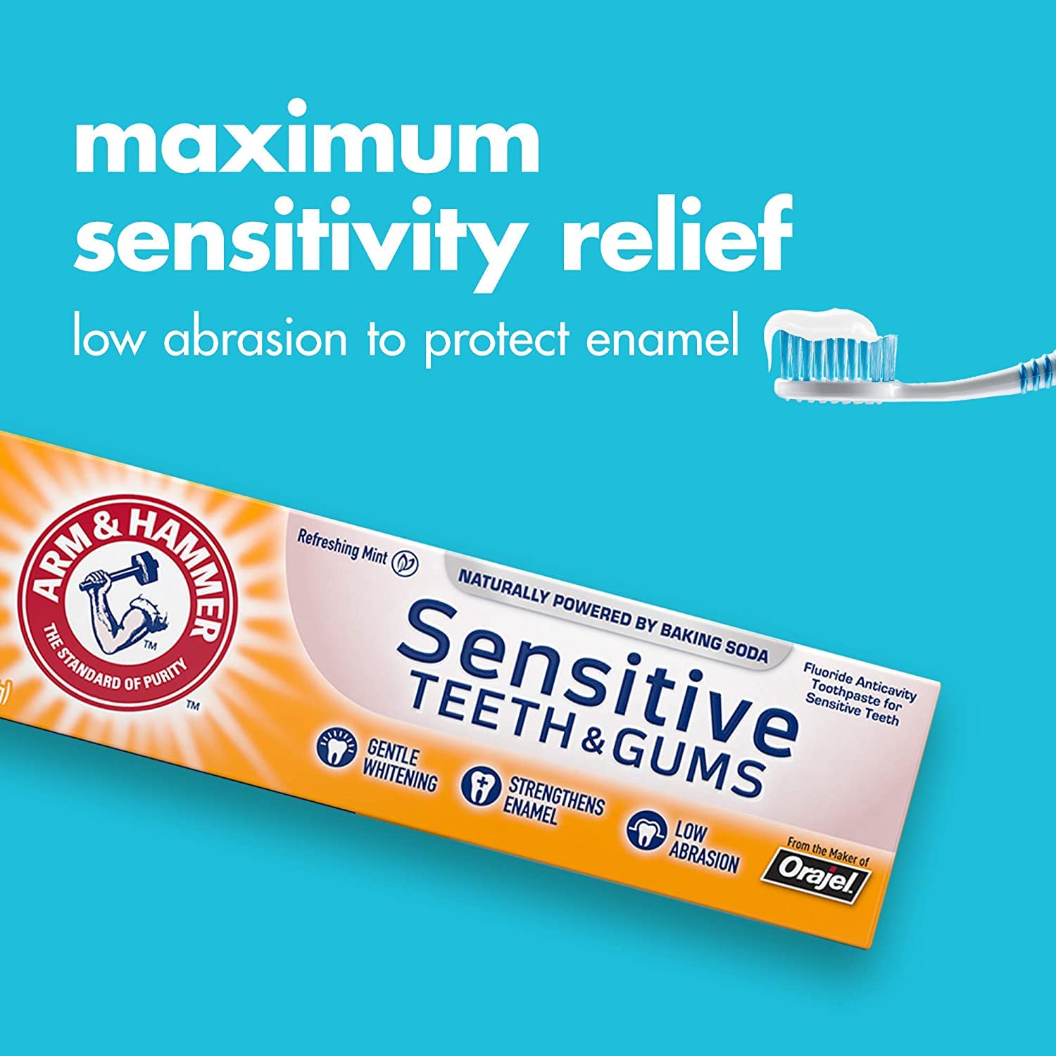 Dentifrice Arm & Hammer blanchissant doux au bicarbonate pour un sourire plus clair.