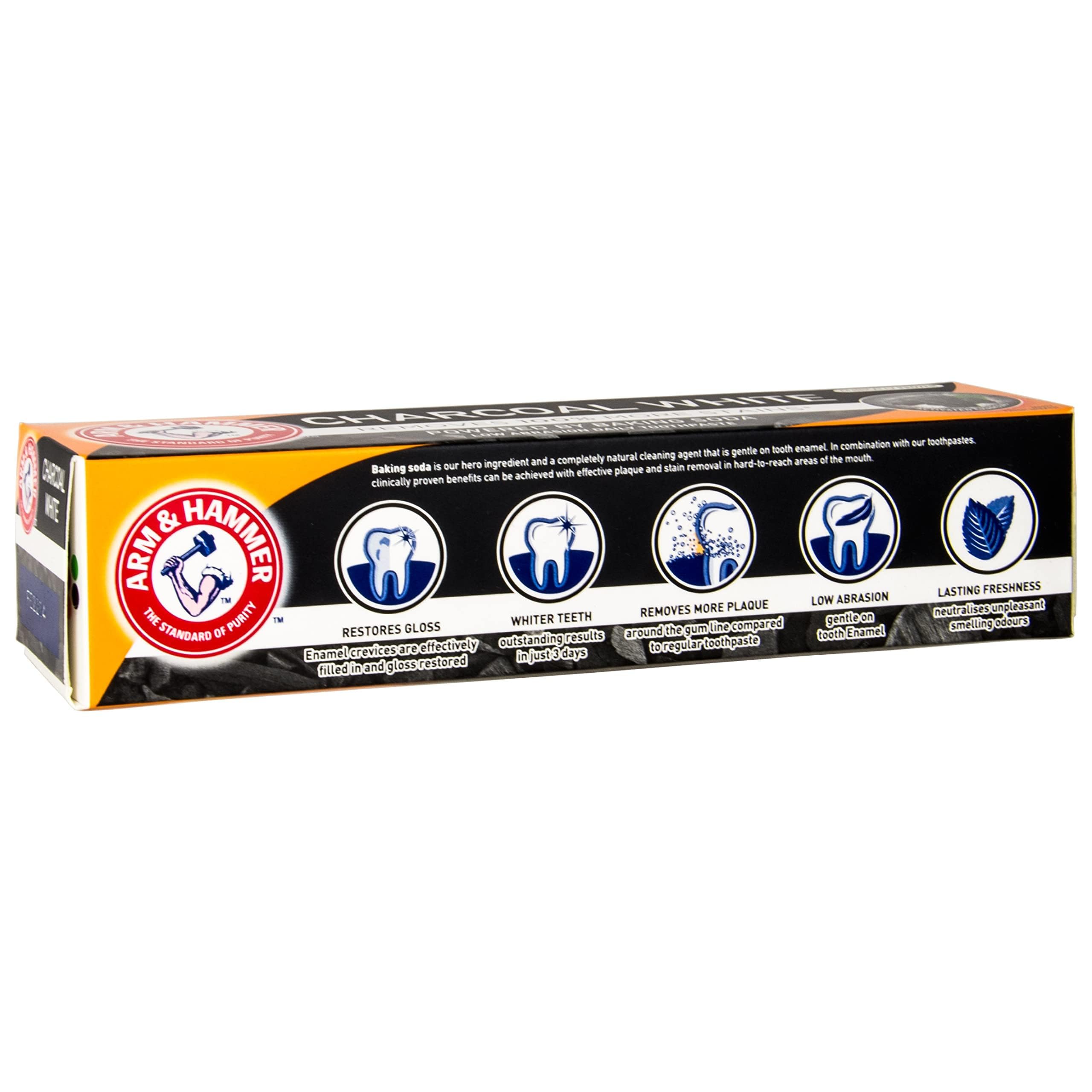 Arm et Hammer Charbon Blanc, calcium actif soutenant l’émail lors du brossage.