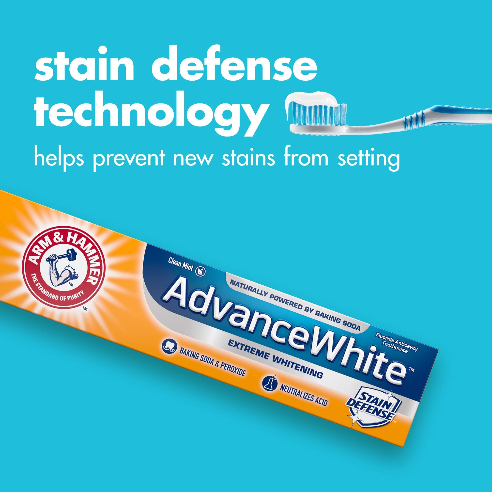 Tubes ARM & HAMMER menthe fraîche visibles sur emballage, haleine fraîche potentielle