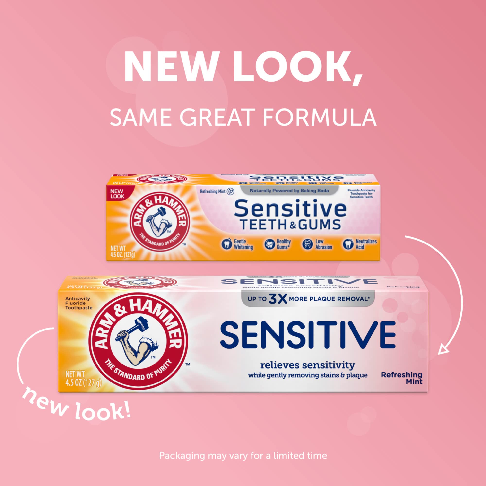 Dentifrice Arm & Hammer sensible, emballage, pratique pour toute la famille.