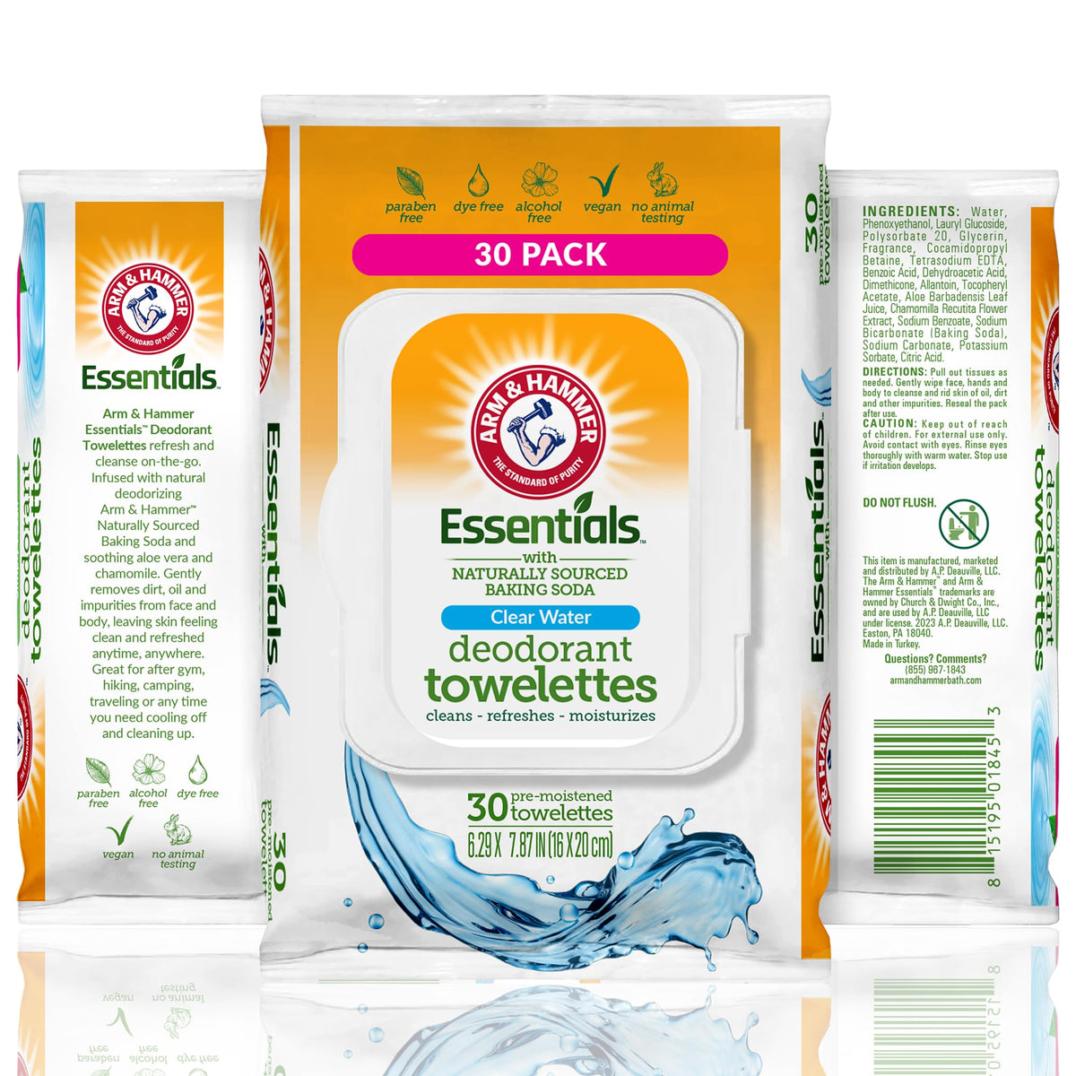 Arm & Hammer lingettes visage et corps – emballage pratique pour une fraîcheur rapide.