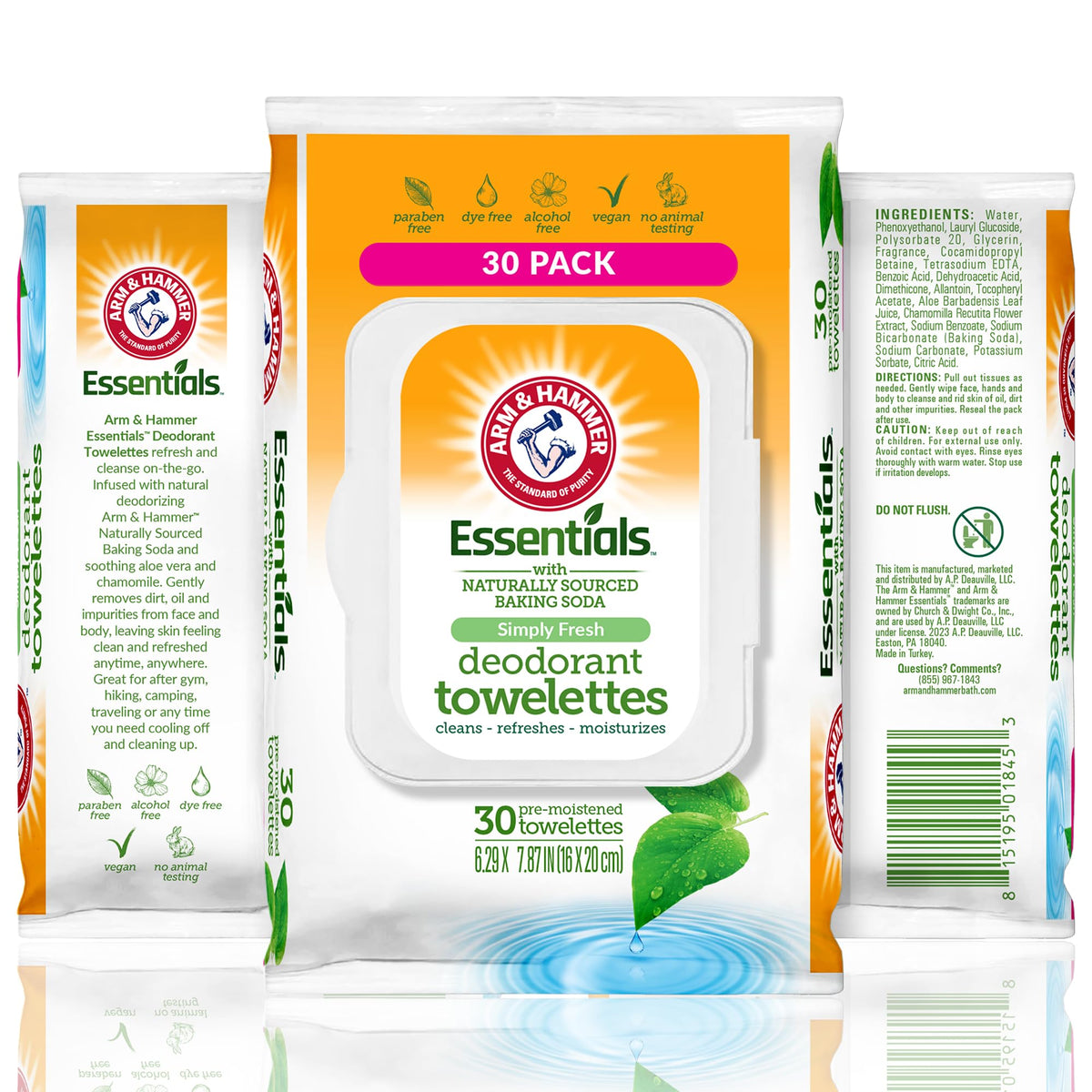 Arm & Hammer lingettes visage et corps pour une fraîcheur rapide en déplacement.