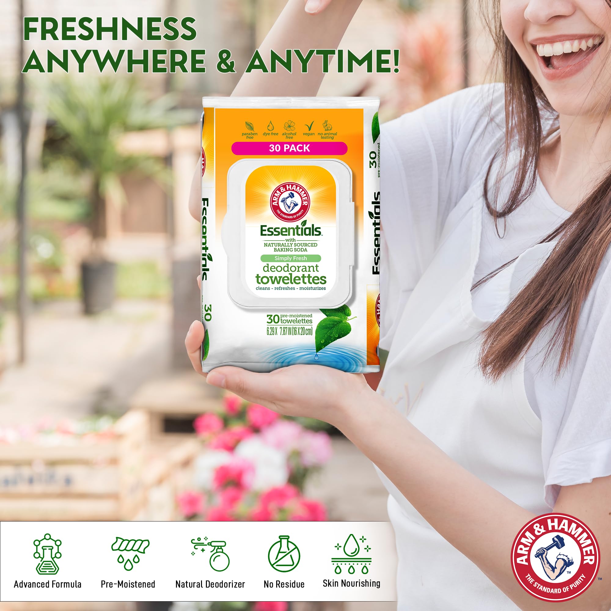 Arm & Hammer lingettes voyage pour camping et sport, nettoyage rapide sans rinçage.