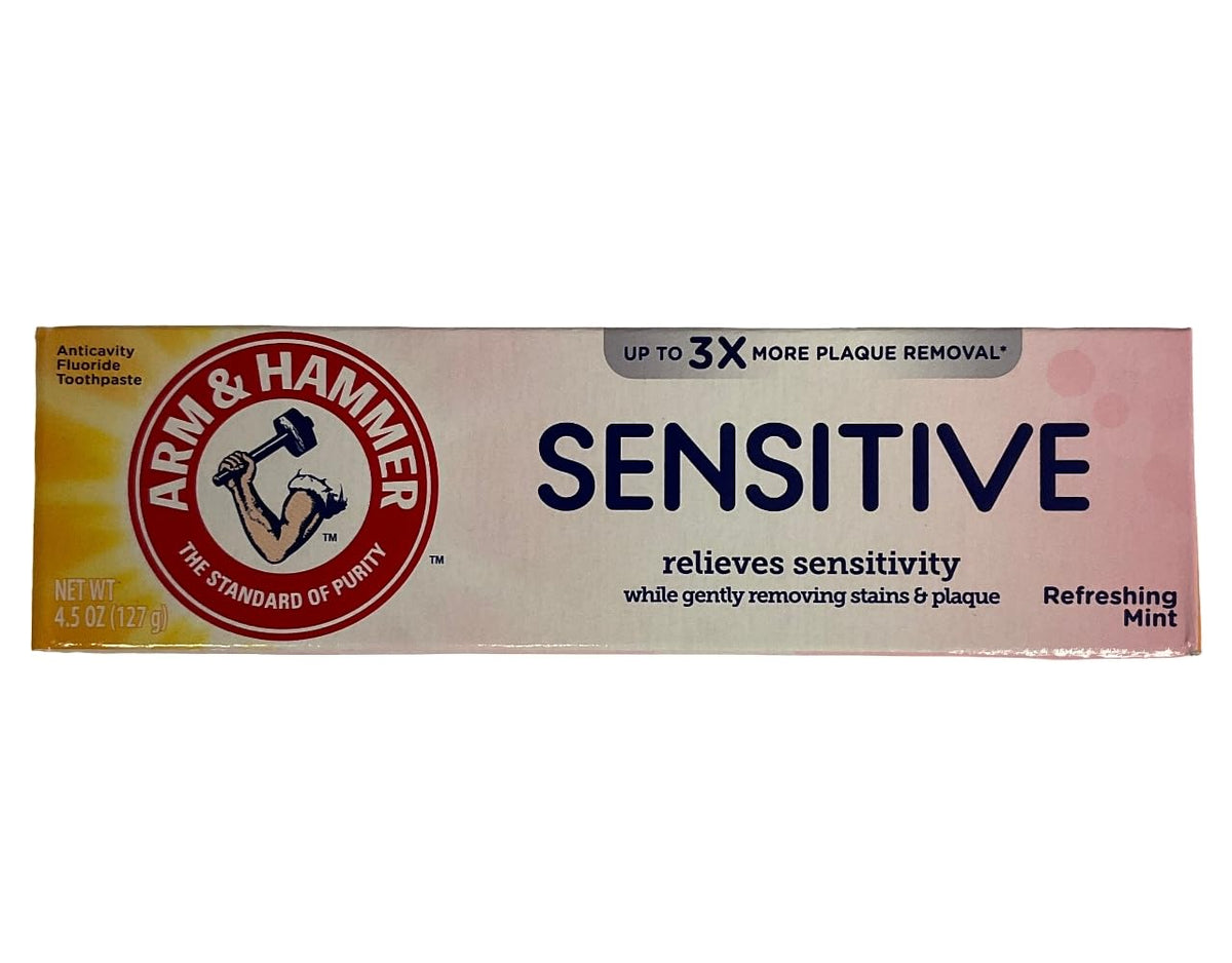 Dentifrice Arm & Hammer Sensitive Orajel, tube menthe glaciale, protège l’émail et apaise la sensibilité.