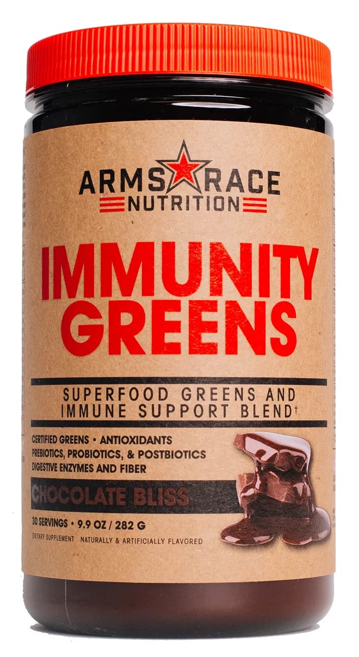 Arms Race Nutrition Immunity Greens – bouteille Chocolat Bliss, goût gourmand et pratique.