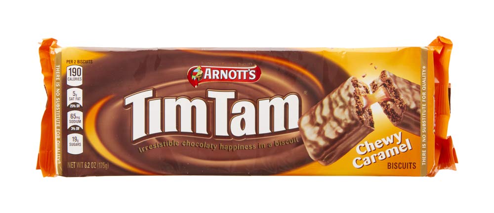 Arnott's Tim Tam Chewy Caramel, biscuit croustillant et cœur caramel moelleux, idéal pour le goûter.