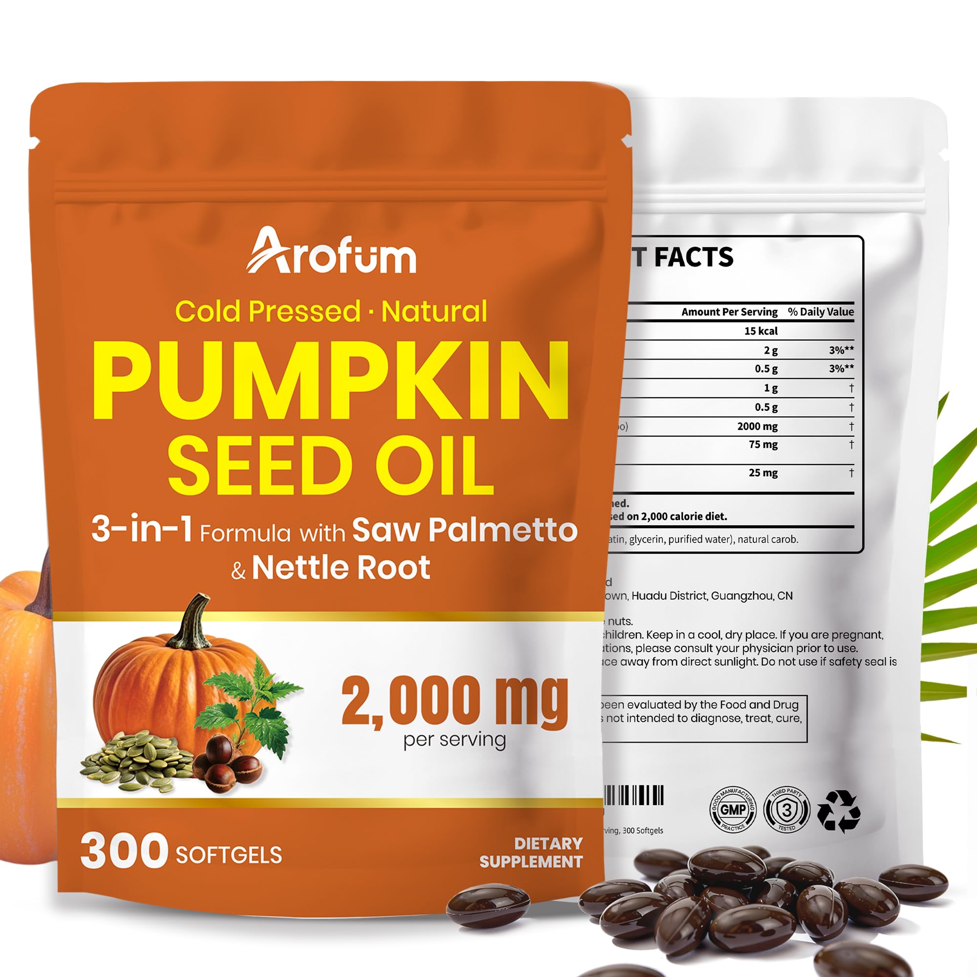 Arofum bouteille de capsules huile de graines de potiron prête pour l'utilisation quotidienne.