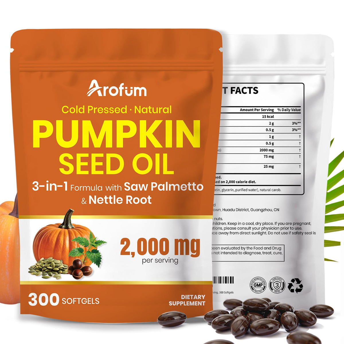 Arofum bouteille de capsules huile de graines de potiron prête pour l'utilisation quotidienne.
