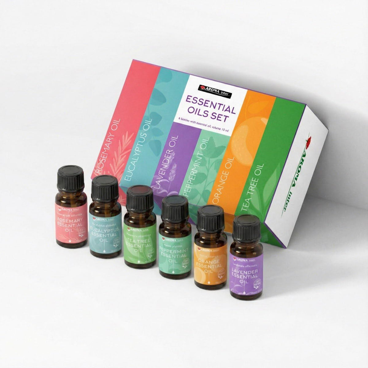 Coffret Aroma Inter avec six huiles essentielles, prêt à offrir et à utiliser.