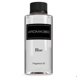 Aroma360: bouteille-huile bleue-diffuseur, ambiance raffinée et durable.