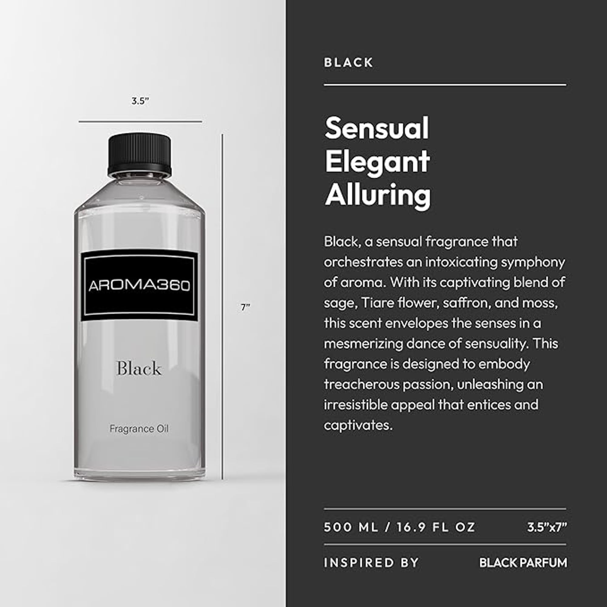 Aroma360 diffuseur noir — note sage-tiare-safran, ambiance apaisante.