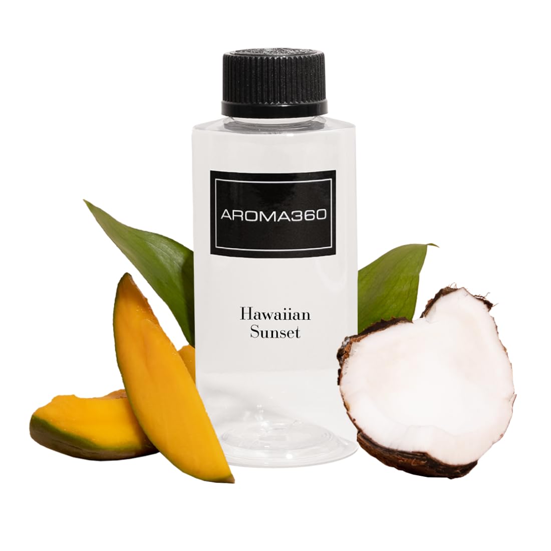 Flacon Aroma360 Hawaiian Sunset montrant mangue et orange pour une ambiance estivale.