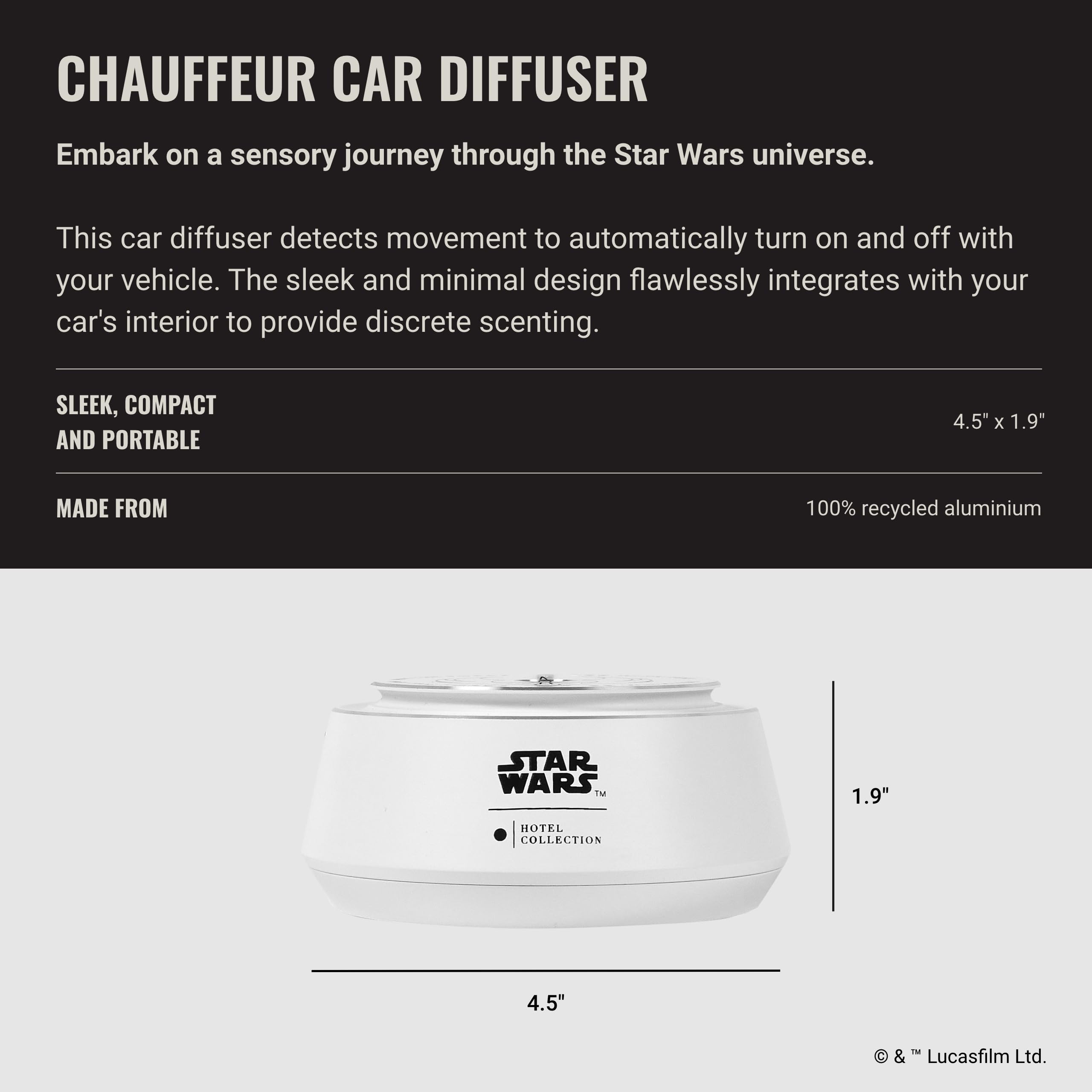 Aroma360 Light Side diffuseur blanc inspiré Jedi, apportant une touche luxueuse à chaque trajet.