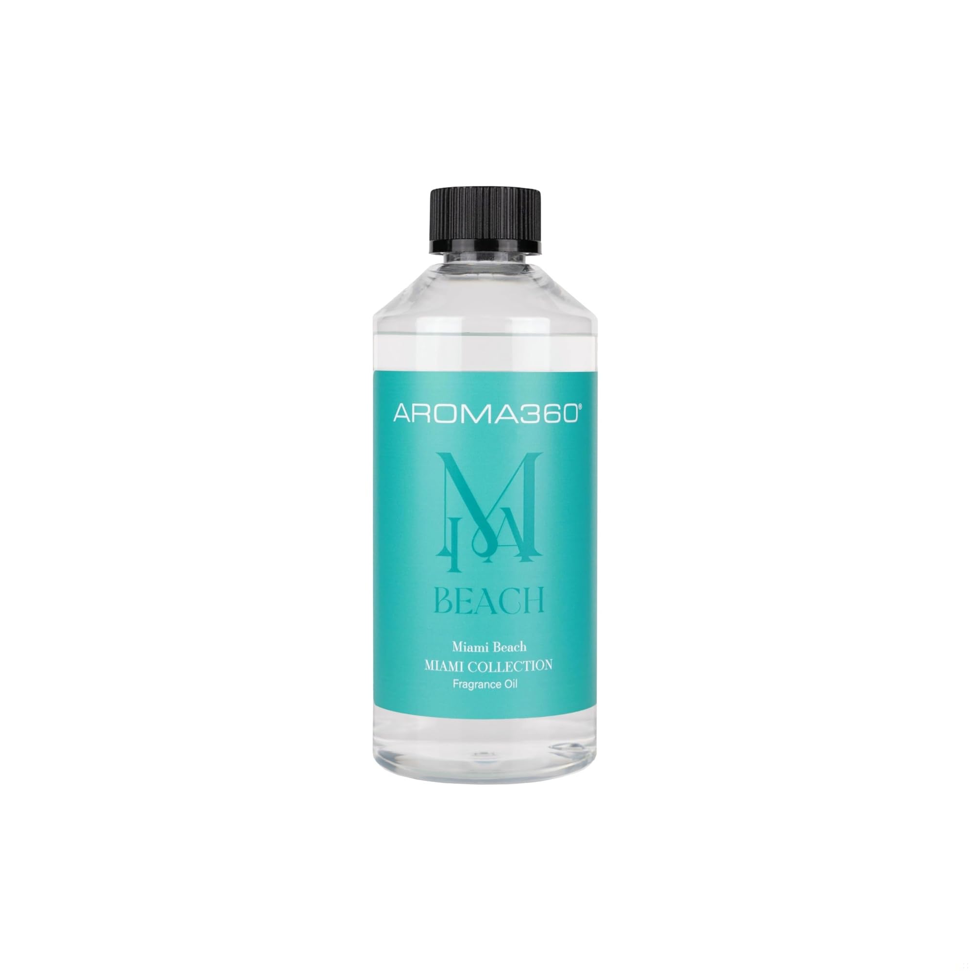 Huile de diffusion Aroma360 Miami Beach dans sa bouteille, parfum luxueux pour une ambiance sophistiquée.
