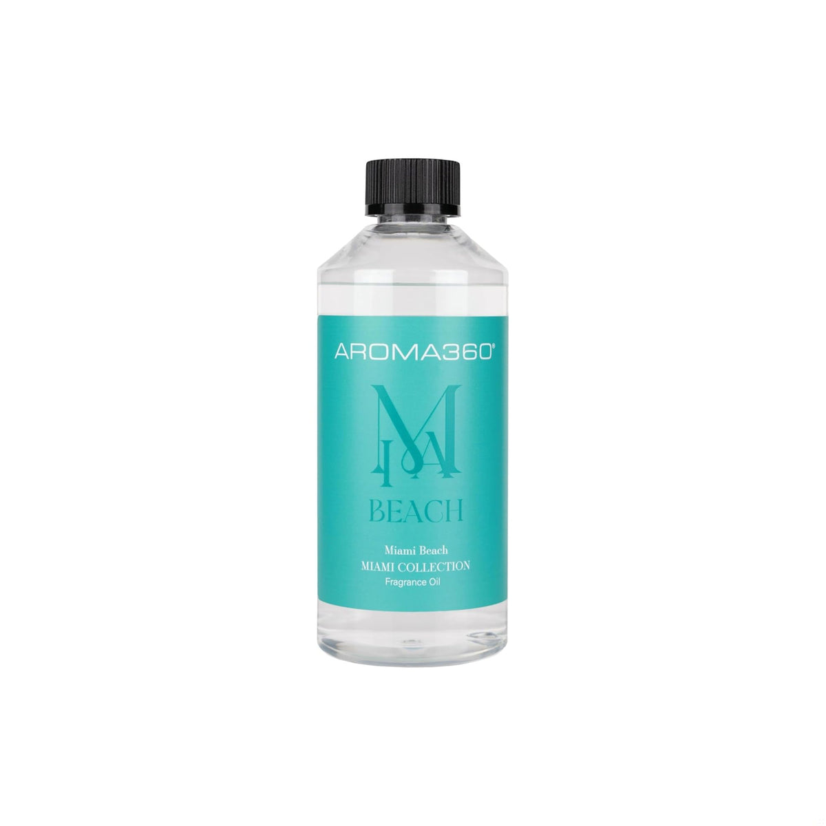 Huile de diffusion Aroma360 Miami Beach dans sa bouteille, parfum luxueux pour une ambiance sophistiquée.