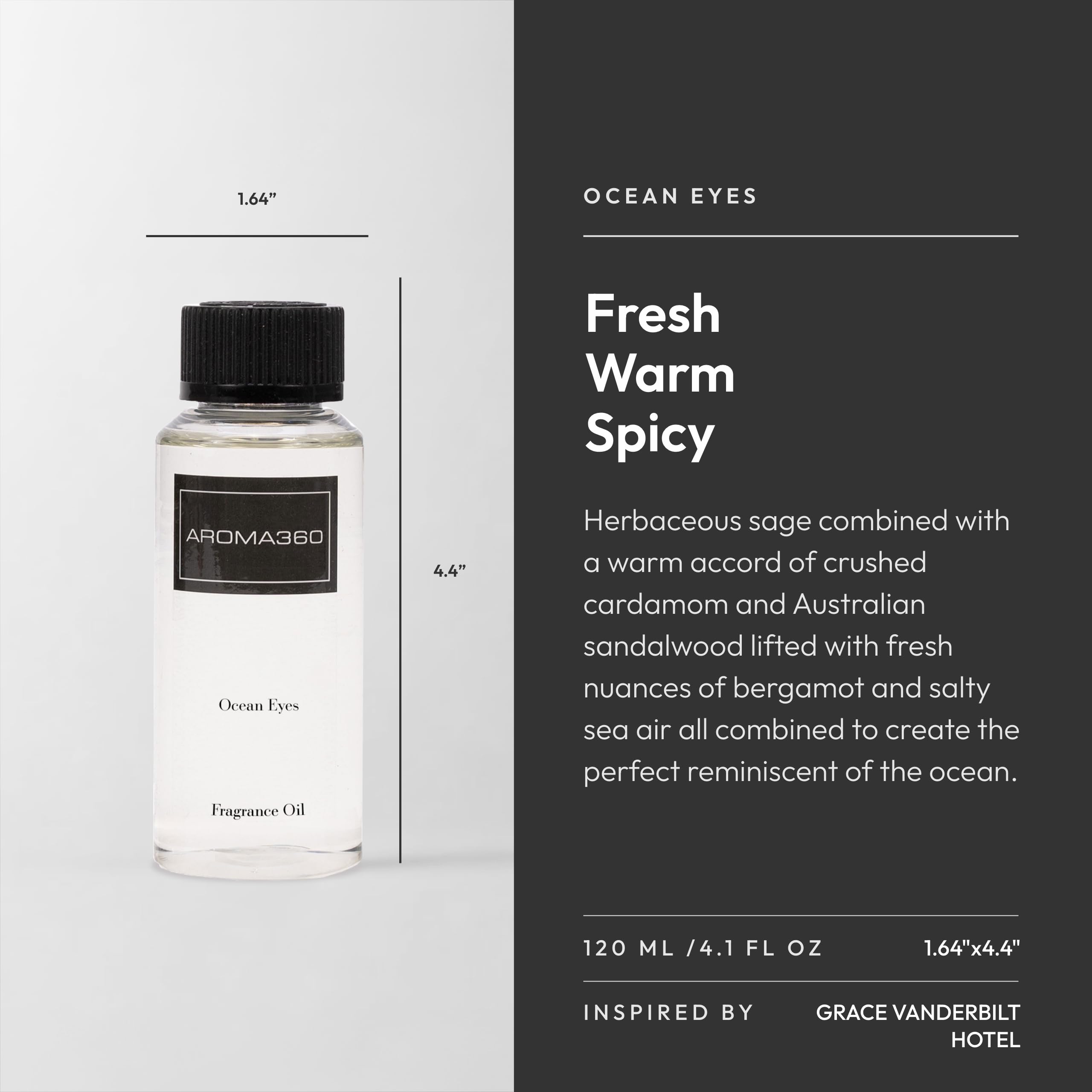 Aroma360 Ocean Eyes : étiquette élégante sur la bouteille, style luxueux.