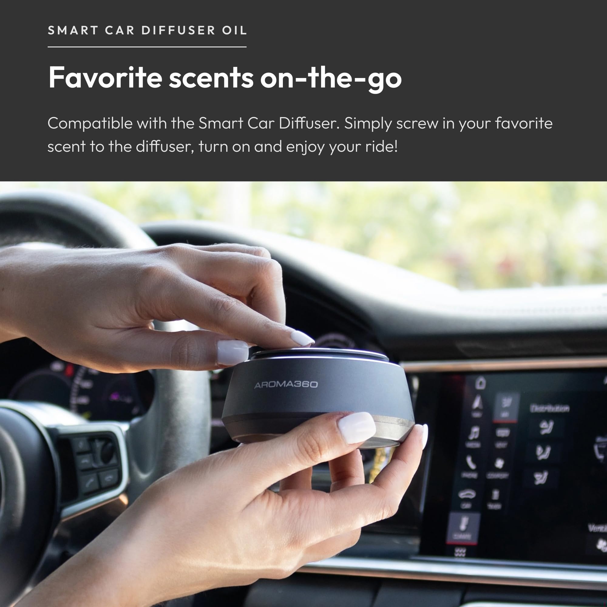Utilisation portable Aroma360 en voiture pour trajets quotidiens.
