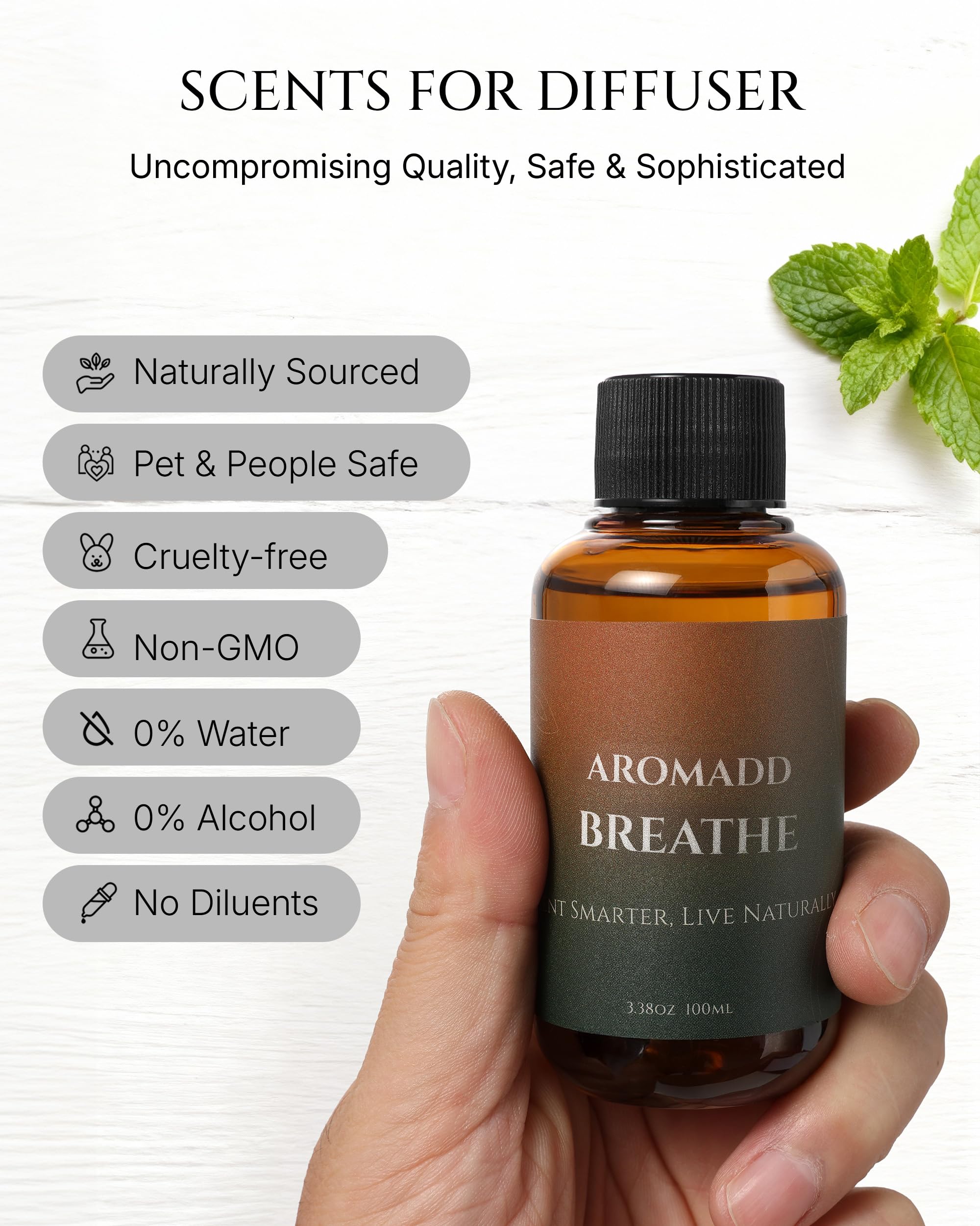 AROMADD Breathe - bouteille près d'un diffuseur, ambiance calme au travail.