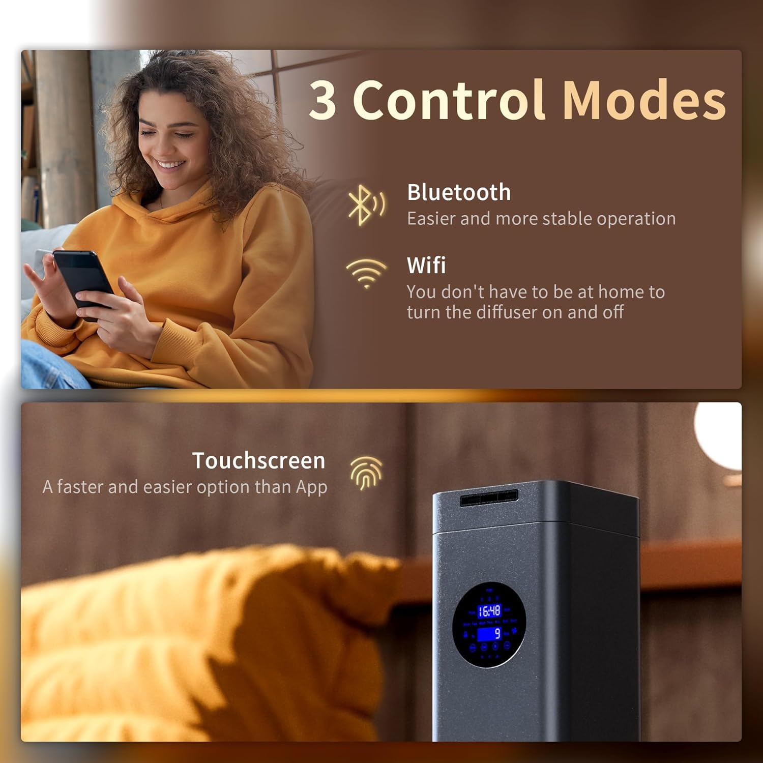 Aromadd contrôle via app Bluetooth/WiFi pour réglages à distance.