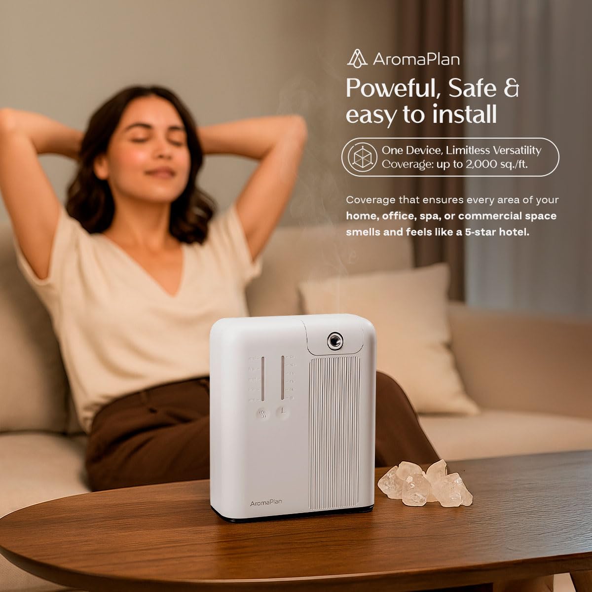 AROMAPLAN Contrôle par application et programmation simple pour ajuster l’ambiance.