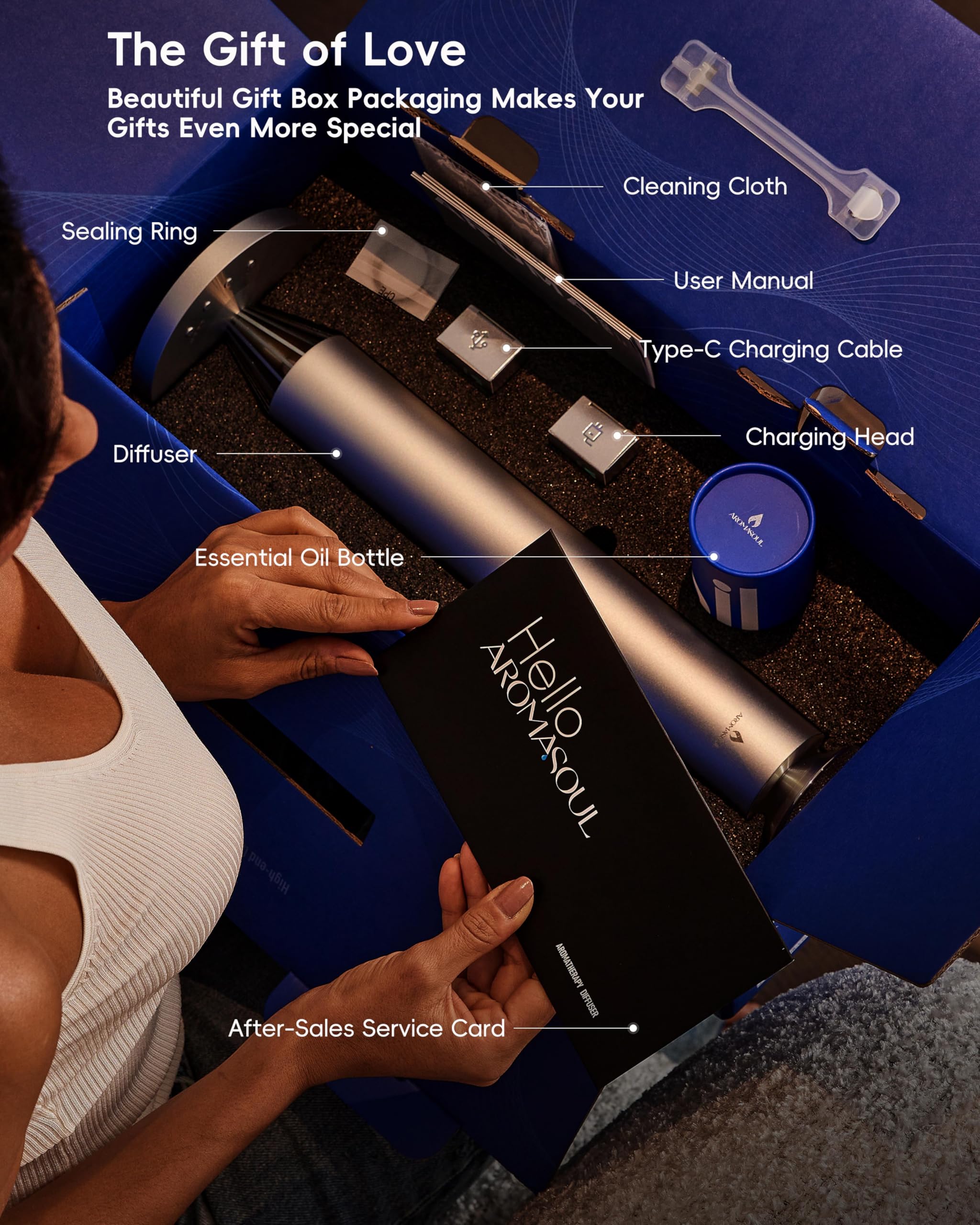 Kit comprend diffuseur, huile et accessoires essentiels.